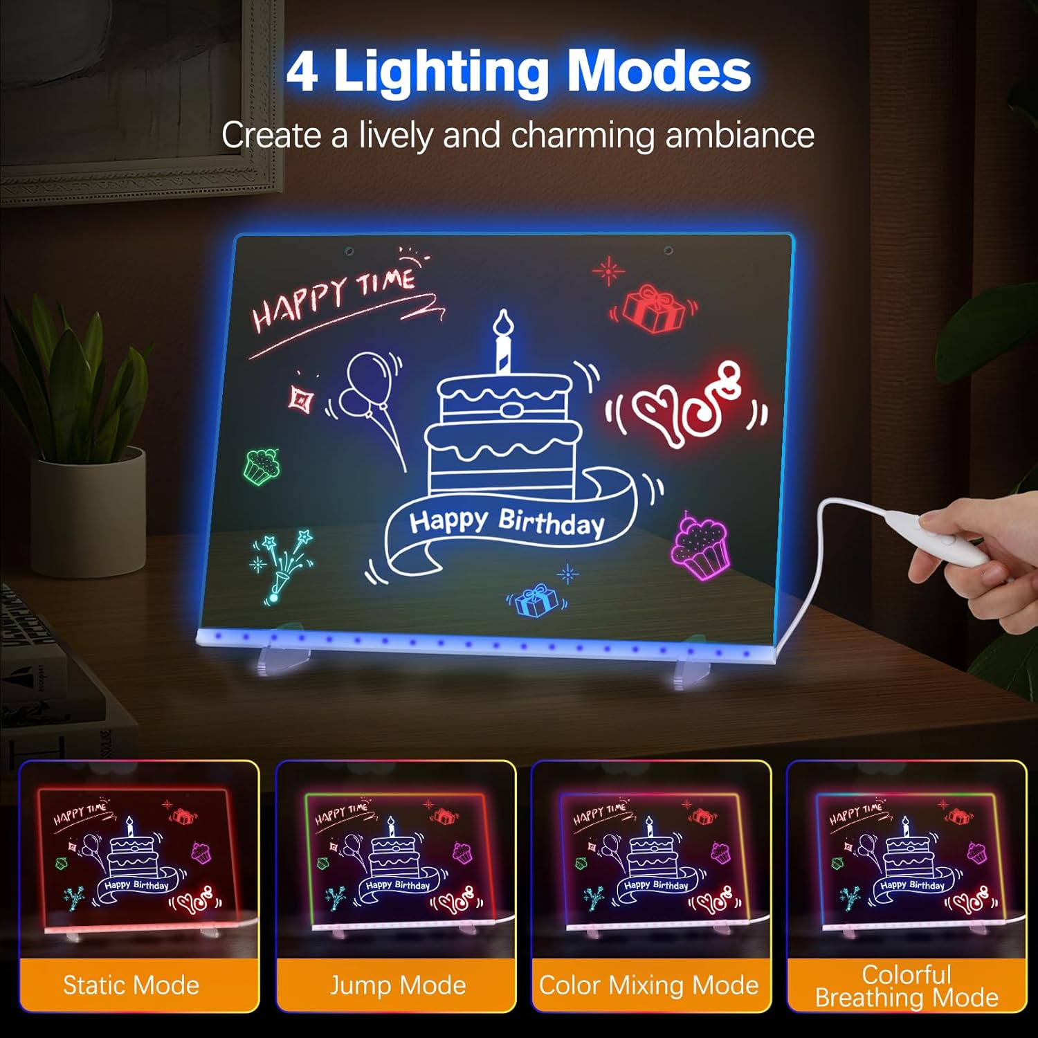 Lewondr LED Note Board,13.8''×9.8'' Acrylic Dry Erase Board with 7 Colors of Light,Drawing Board with Adapter, 7 Markers, Stand, Hanging Chain, Spray Bottle for Home Office Decor Christmas Easter Gift