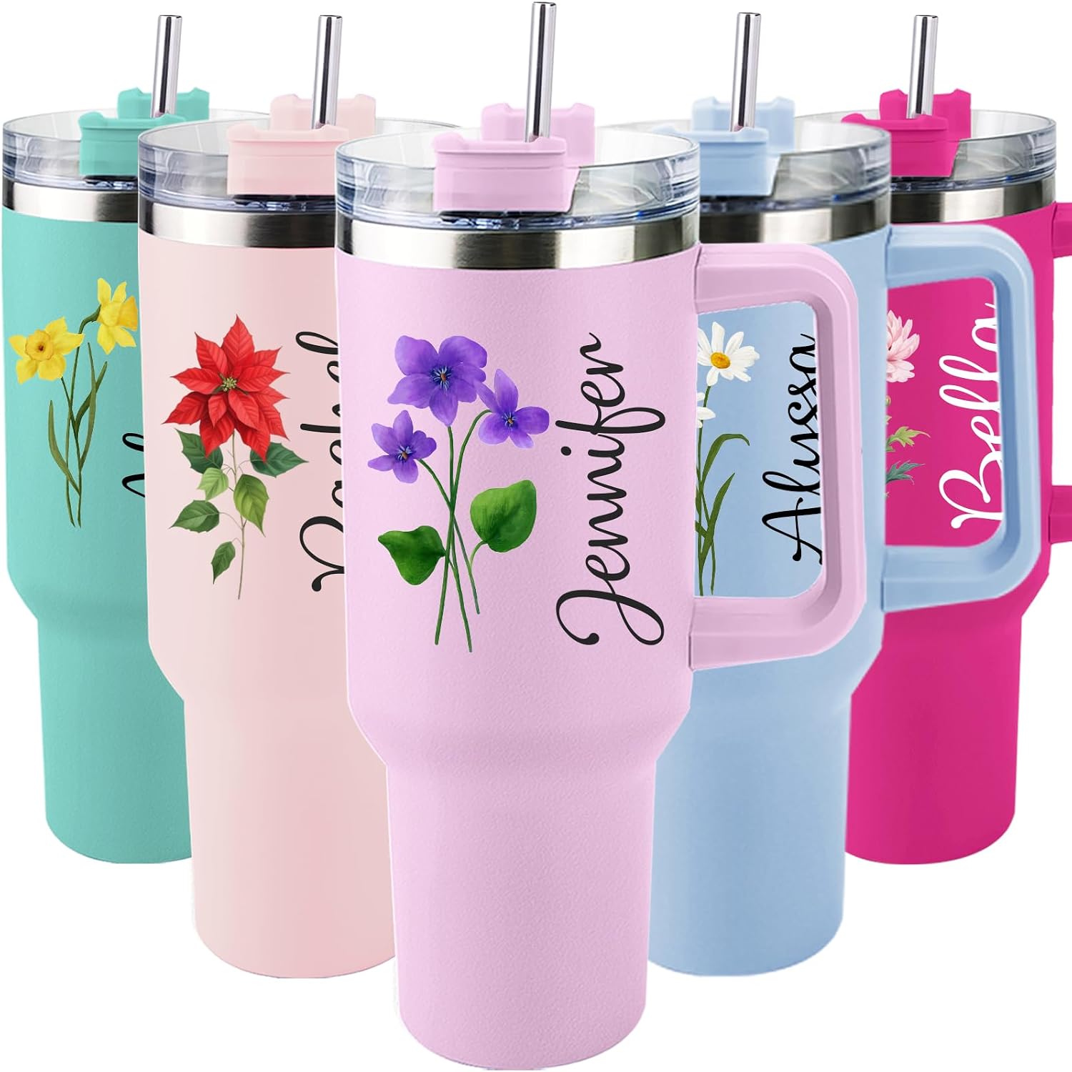 ThermoThrill Personalized 40 oz Tumbler with Handle, Custom Birth Flower Tumbler with Lid and Straw Insulated Stainless Steel Water Bottle for Iced Coffee Personalized Birthday Gifts for Women