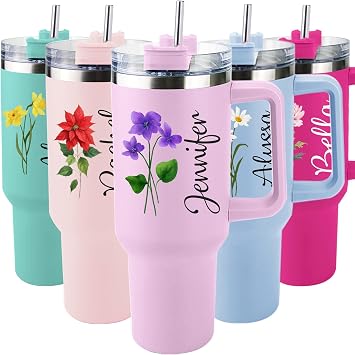 ThermoThrill Personalized 40 oz Tumbler with Handle, Custom Birth Flower Tumbler with Lid and Straw Insulated Stainless Steel Water Bottle for Iced Coffee Personalized Birthday Gifts for Women