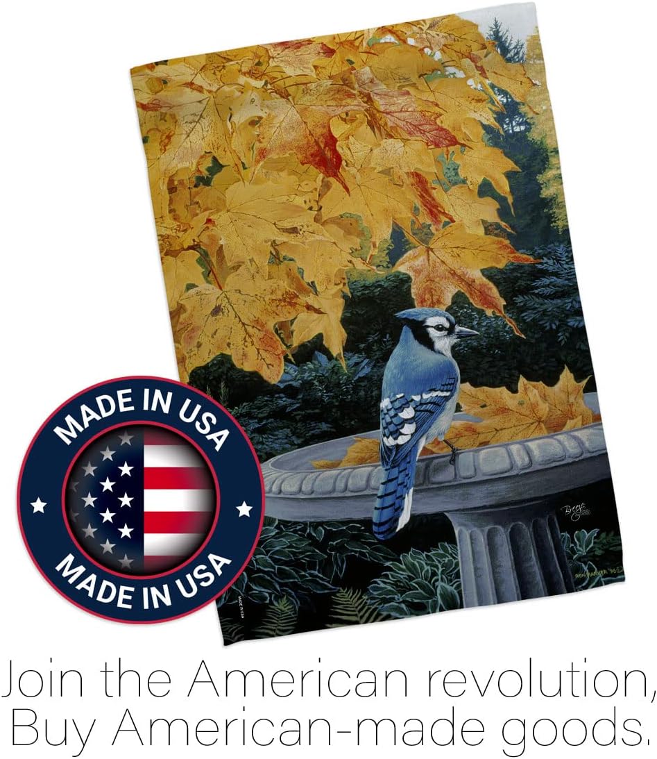 Breeze Decor - Autumn Birdbath Garden Friends - Everyday Birds Impressions Decorative Vertical House Flag 28" x 40" Printed in USA