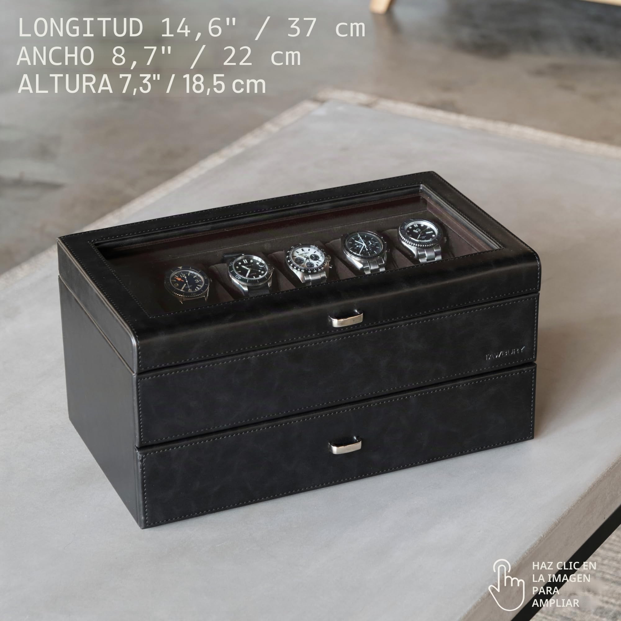 TAWBURY Caja de reloj para hombre – Caja de reloj extragrande con 24 ranuras y pantalla de cristal auténtico, cajón extraíble y cojín de 5 cm de ancho para relojes grandes (negro/antracita)