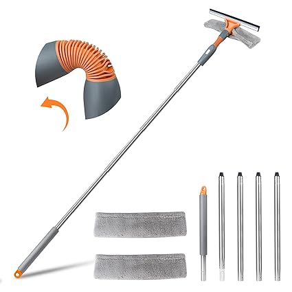 Squeegee Window Cleaner 2 in 1 Window Cleaning Tool Kit with Extension Pole, 77' Window Washing Equipment with Bendable Head, Squeegee for Window Cleaning, Shower Glass Door, Indoor/Outdoor