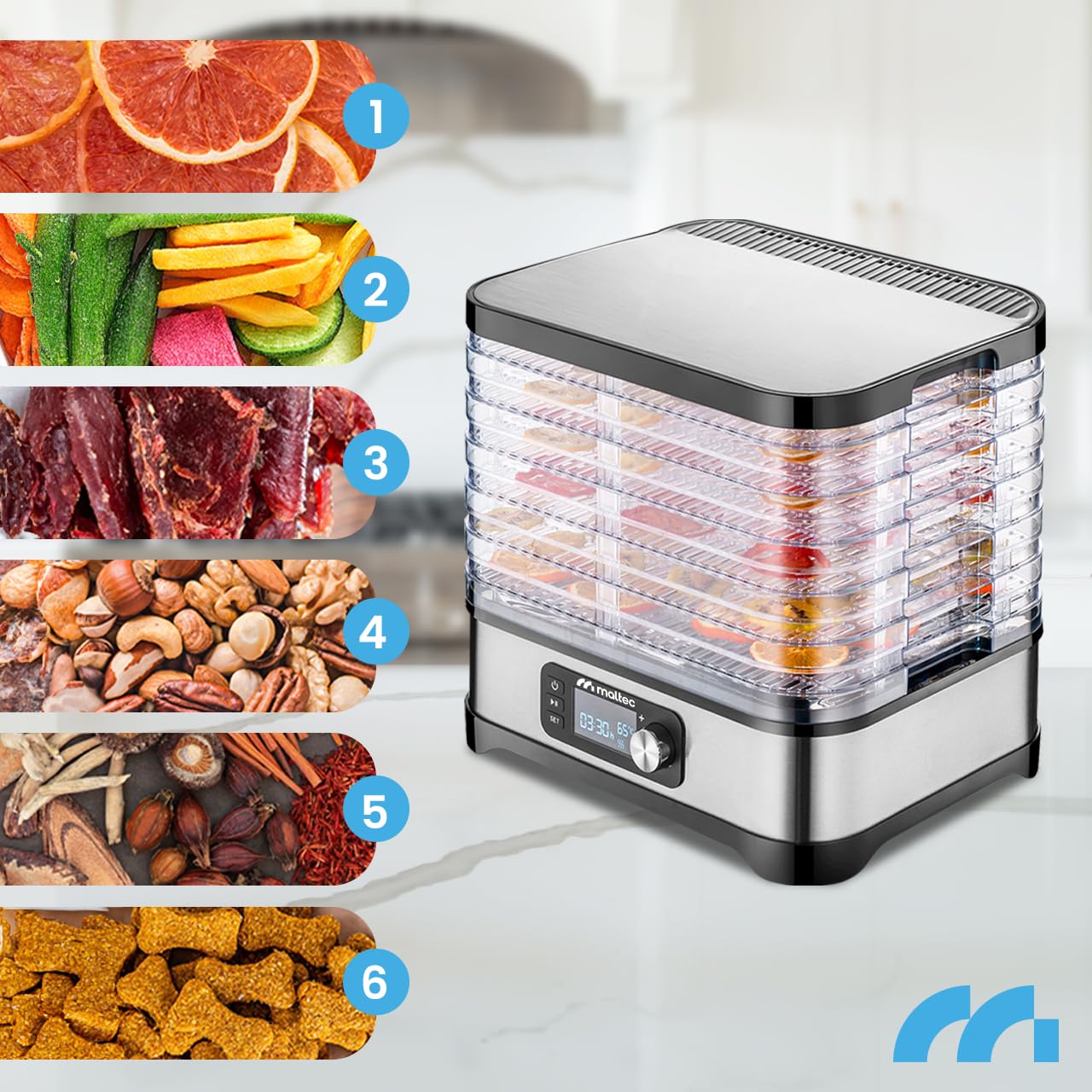 MalTec Dörautomat mit Timer Dörrgerät 450W Lufttrockner mit 5 Ebene für Lebensmittel Pilzen/Fleisch/Fisch/Früchte/Obs/Herbst/Kraüter