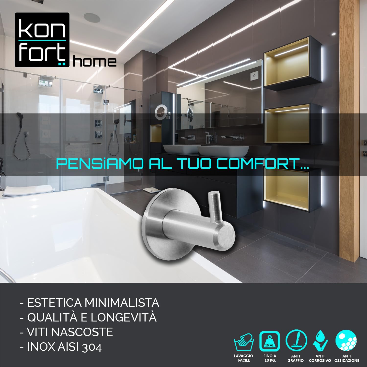 Kon-fort Home Appendi Accappatoio Bagno Acciaio Inox. Set 2 Ganci Bagno Cucina, Design in Acciaio Inossidabile AISI 304, Acciaio Spazzolato Opaco con Vite.