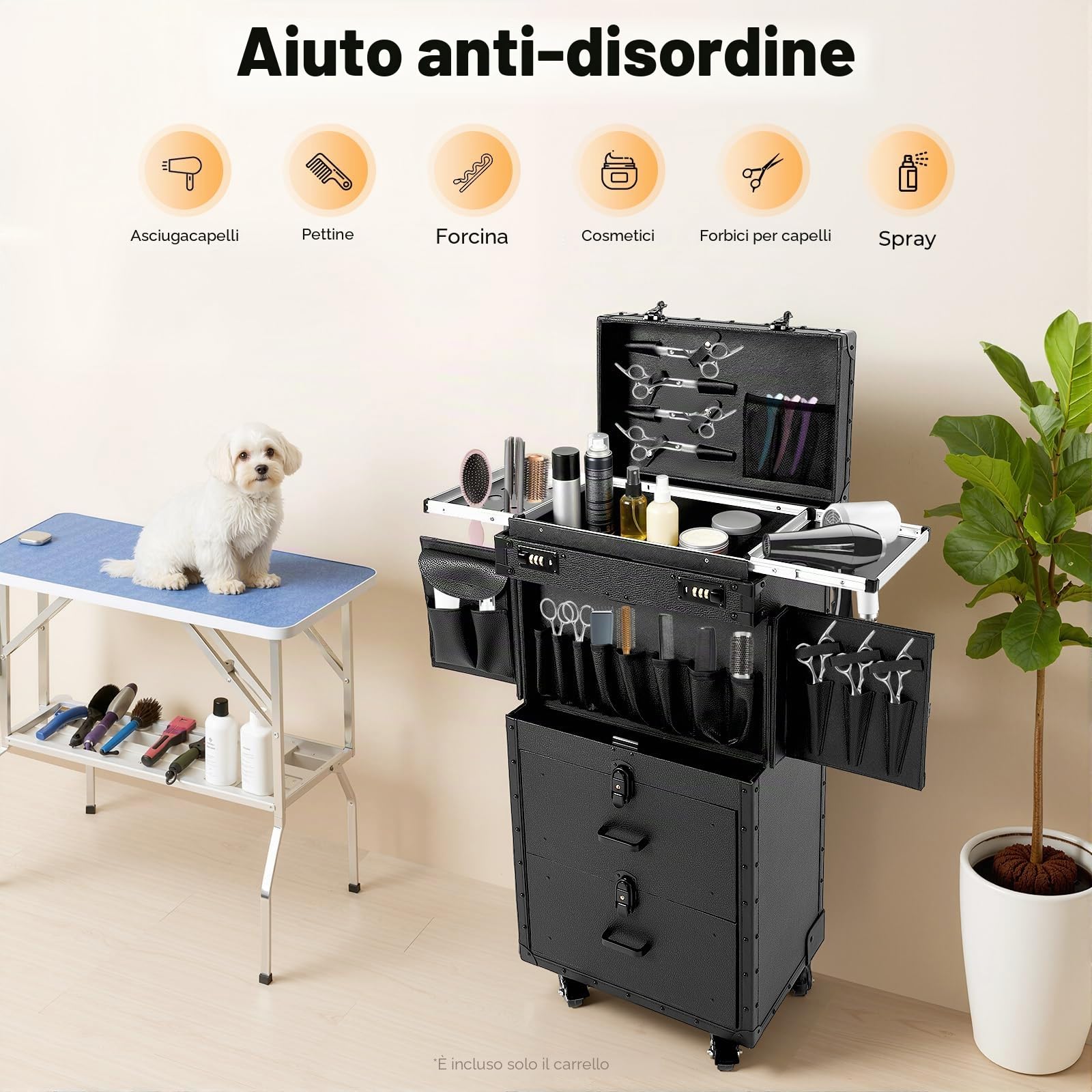 Valigetta per trucchi, trolley 4 in 1, con ruote e 2 cassetti, con serratura, 38 x 25,5 x 82 cm, per trucchi