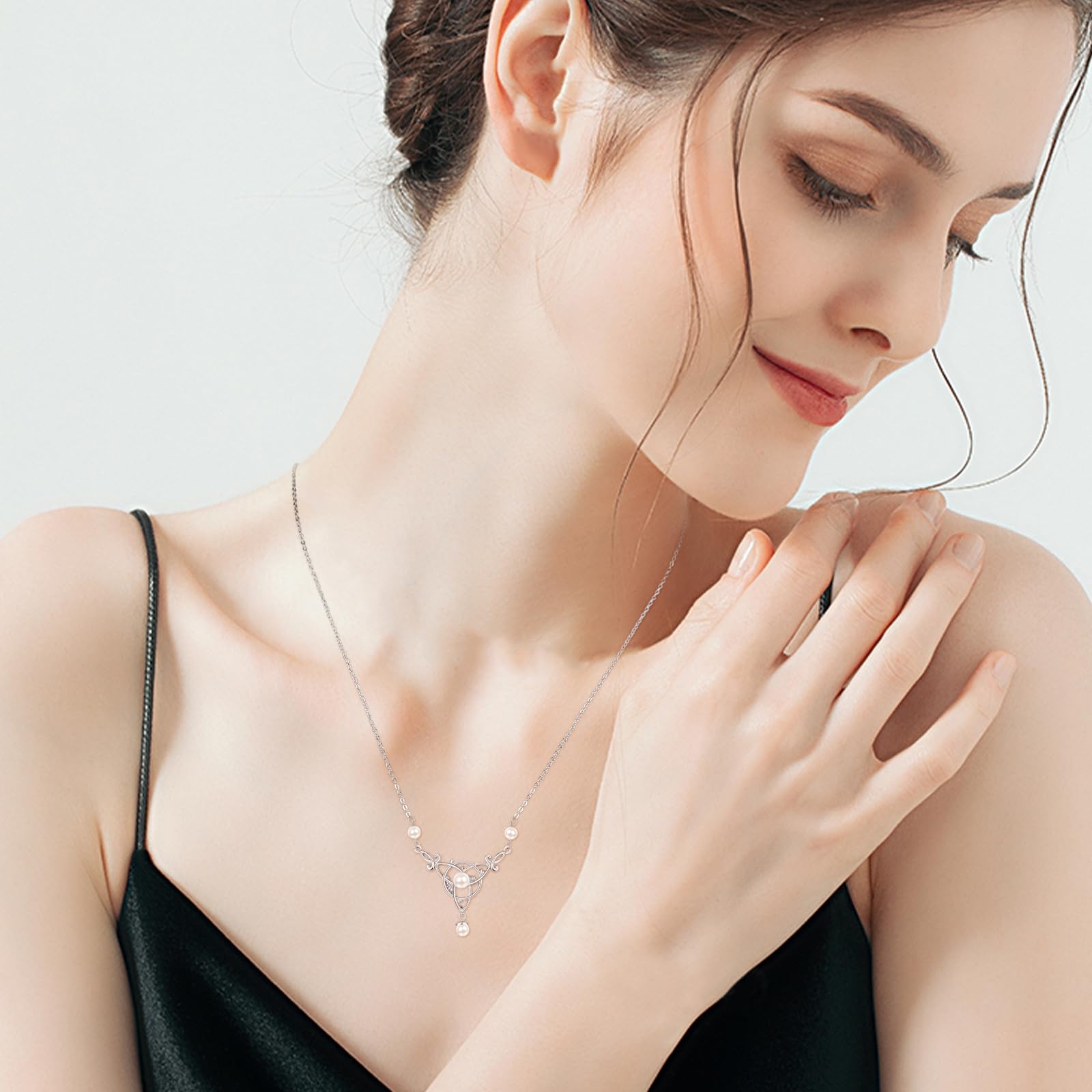 KINGWHYTE Süßwasserperlen Halskette für Frauen 925 Sterling Silber Keltische Knoten Claddagh Halskette Keltischer Schmuck Irische Geschenke für Frauen