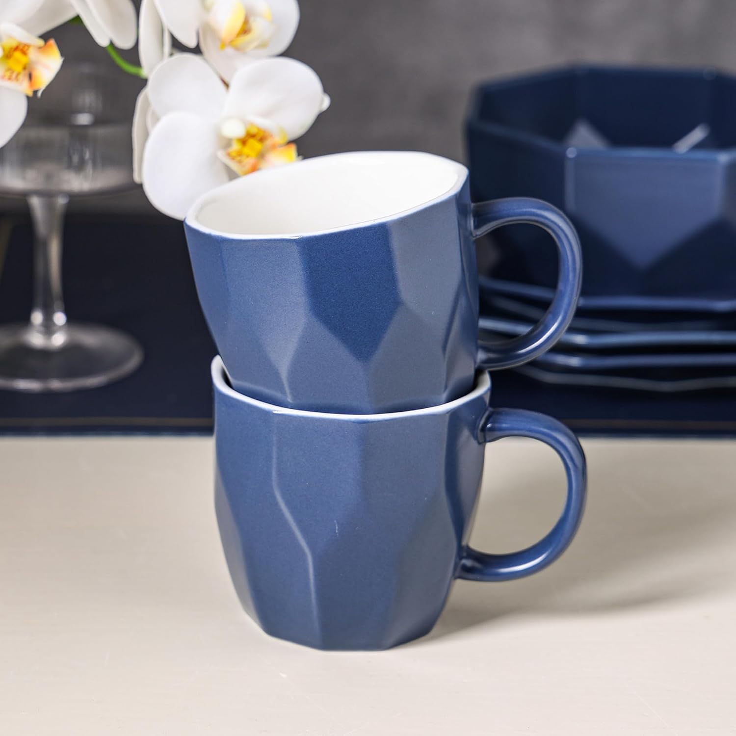 Stone + Lain Jamie Porcelain 16-Piece Geometric Dinnerware Set, Blue