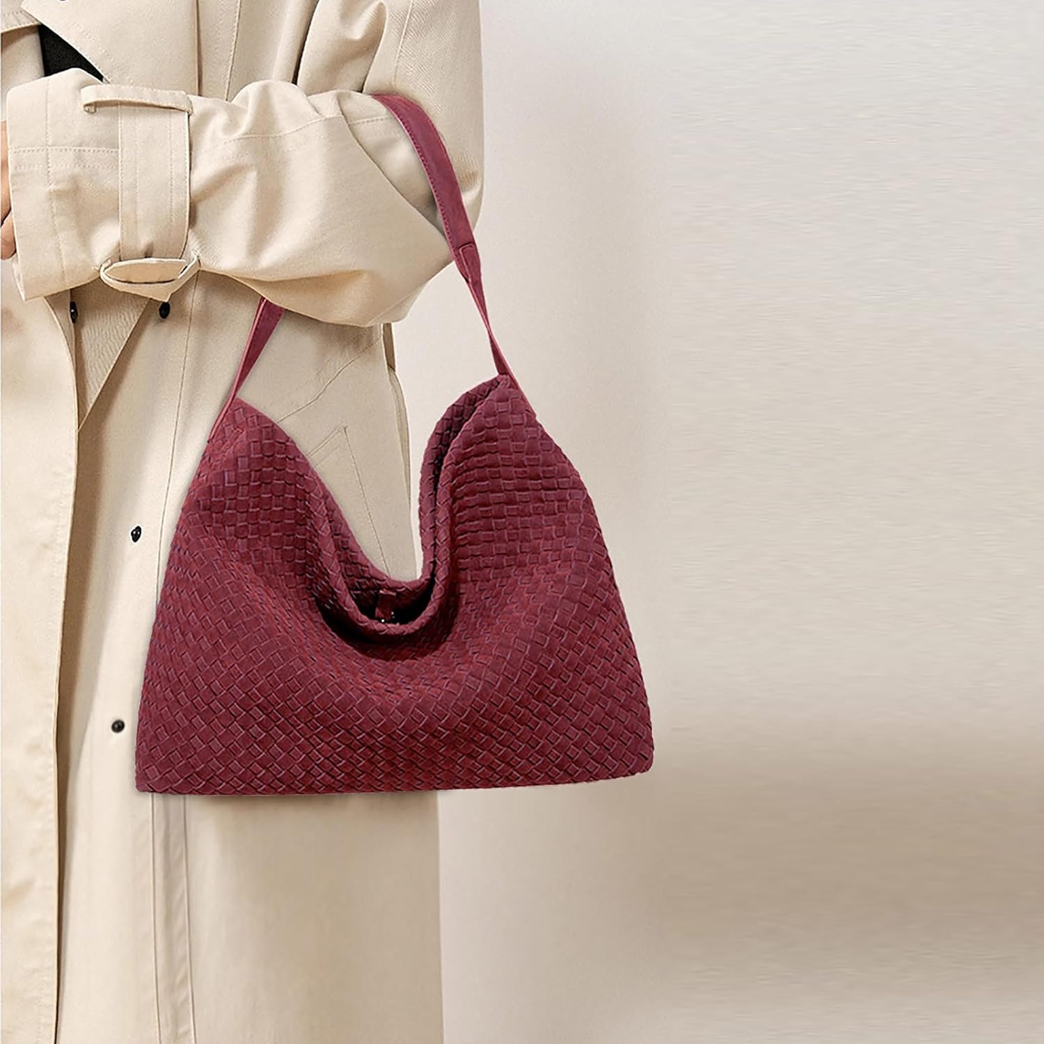 JINMANXUE Woven Suede Shoulder Bag for Women, Frosted Hobo Boston Bag Tote, Crossbody Handbag, Satchel Purse for Work Travel(Frosted Smoked Red)