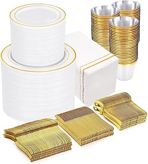 GATHER 700PCS Gold Plastic Plates - Whtie and Gold Disposable Dinnerware...