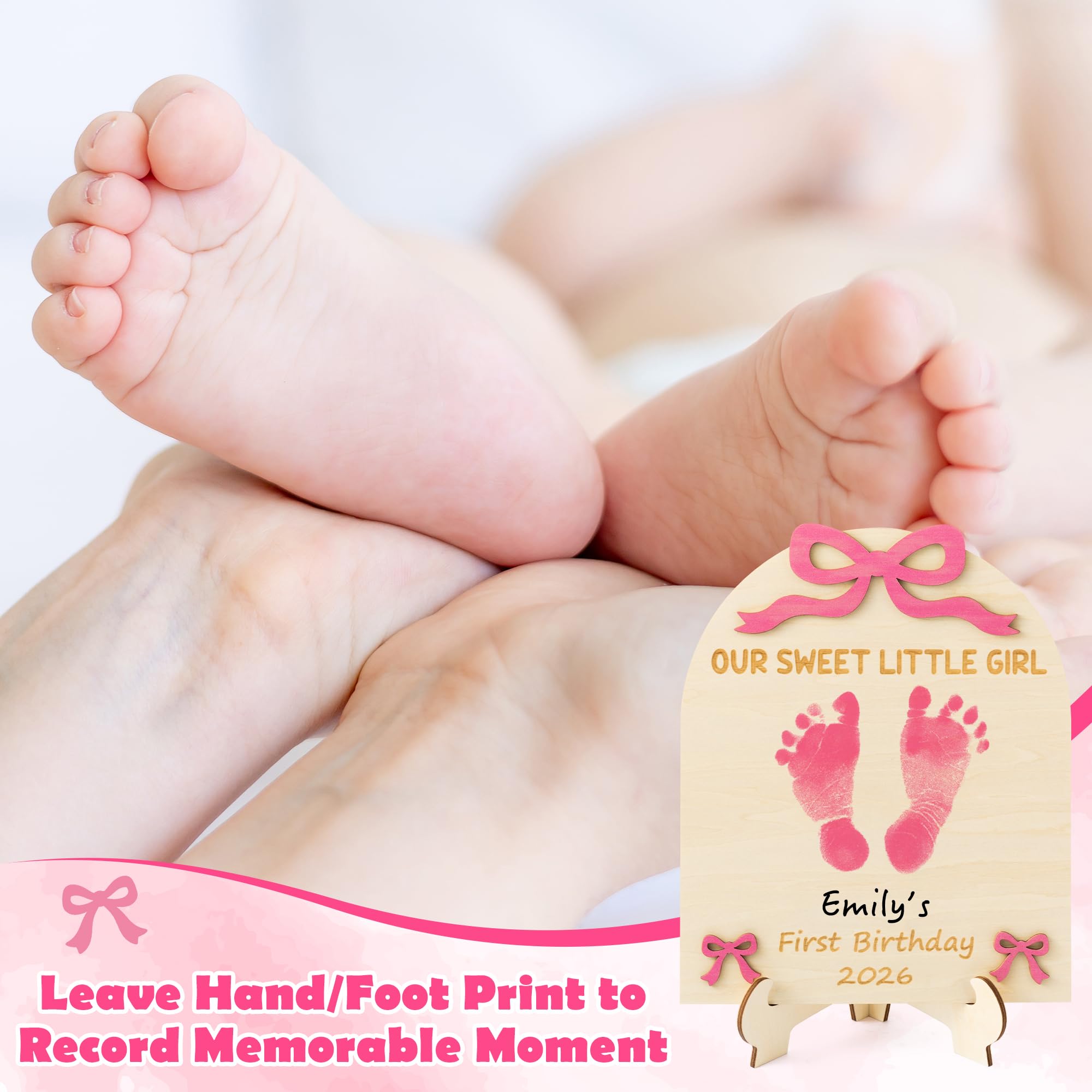 R HORSE 3D Pink Bow Baby's First Birthday DIY Footprint or Handprint Art Sign, Our Sweet Little Girl Wooden Hanging Decoration, Newborn Keepsake Gift for Baby Girl 1st Birthday Baby Shower Photo Prop