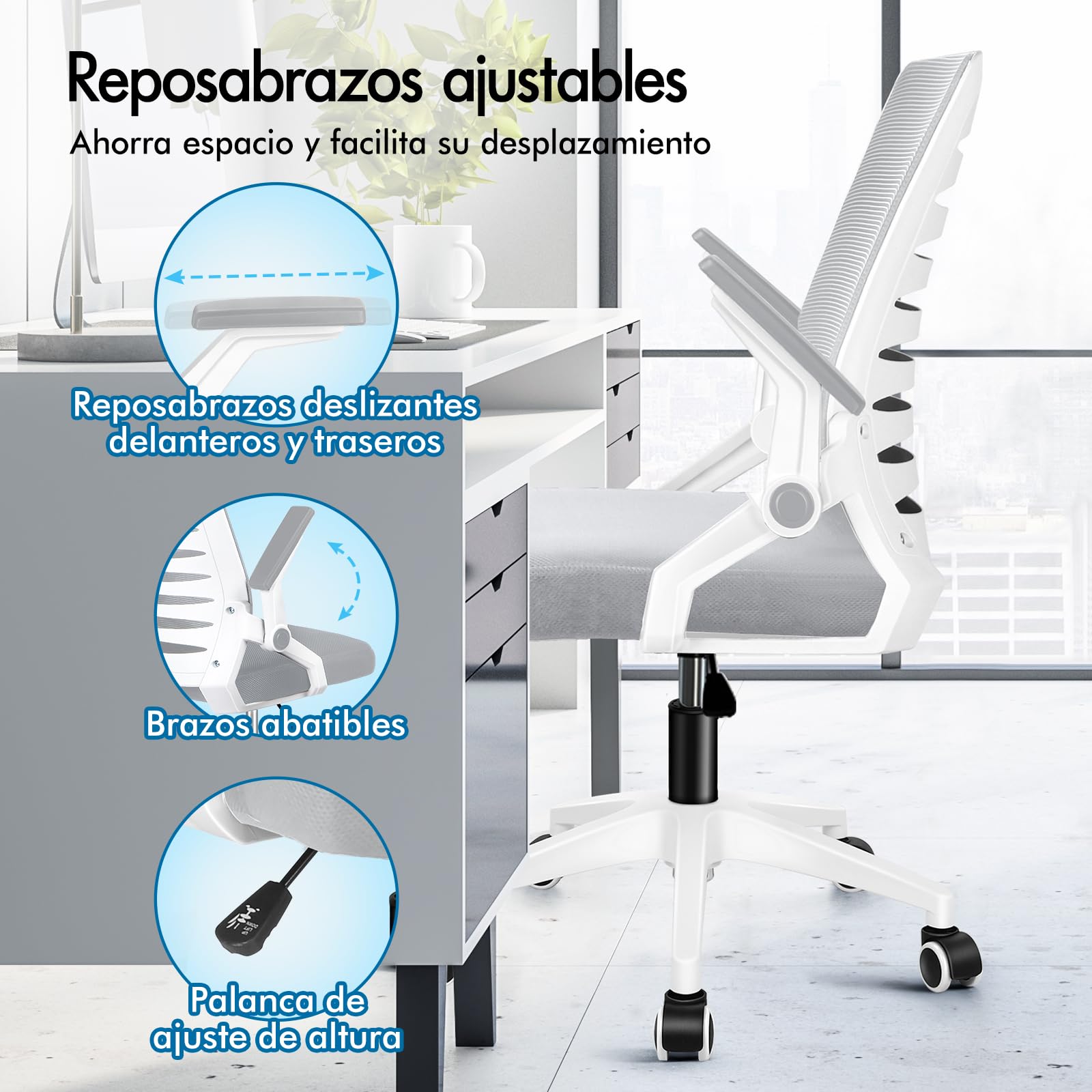 ALFORDSON Silla Escritorio Ergonómica Ajustable con Apoyo Lumbar, Reposabrazos Abatibles Ahorro de Espacio, Sillas Oficina Ejecutiva Malla, Cadeira para Salas de Reuniones, Recepción(Blanca y Gris)