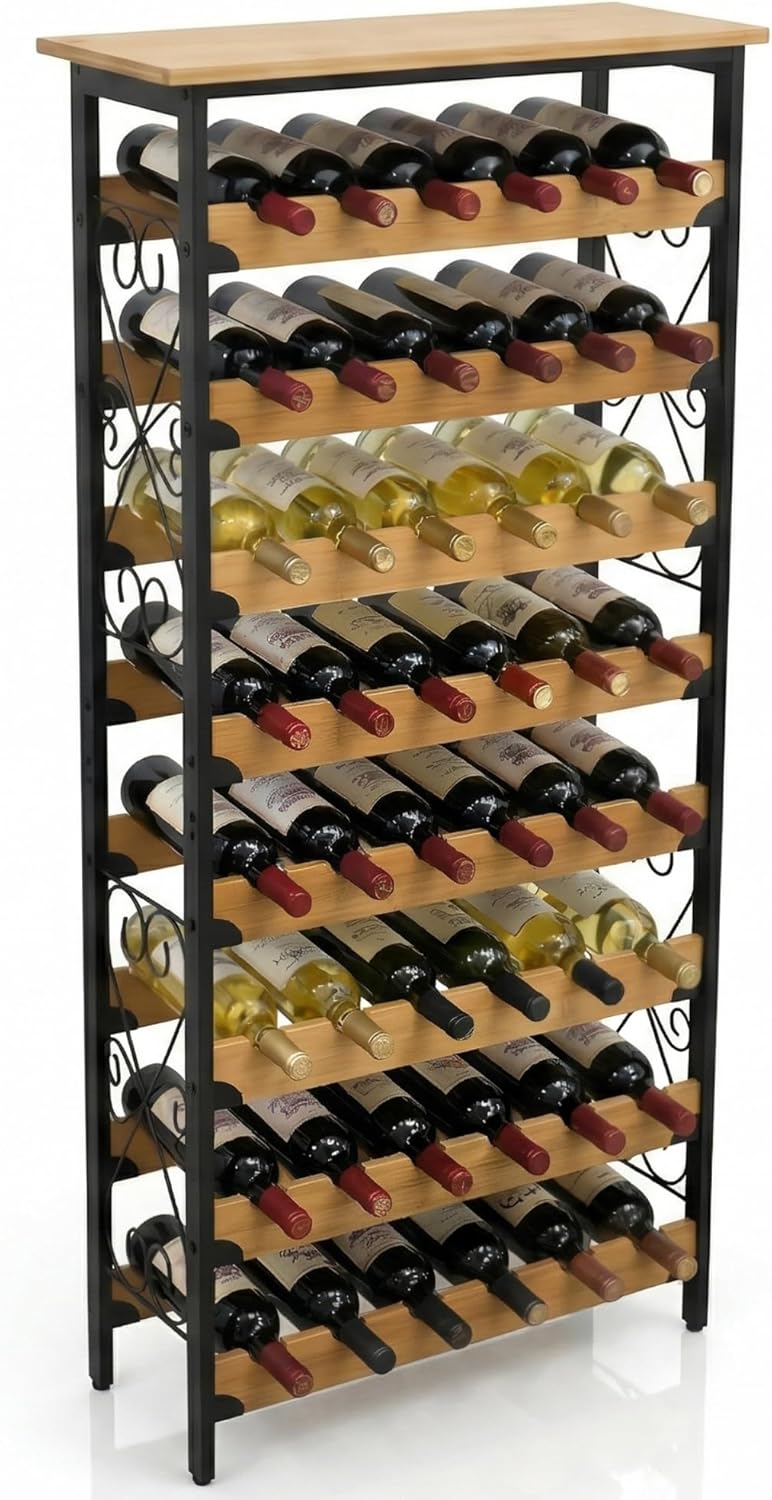 Estante para Vino DECOMIL 48 Botellas, Estructura de Metal con Estantes de Bambú