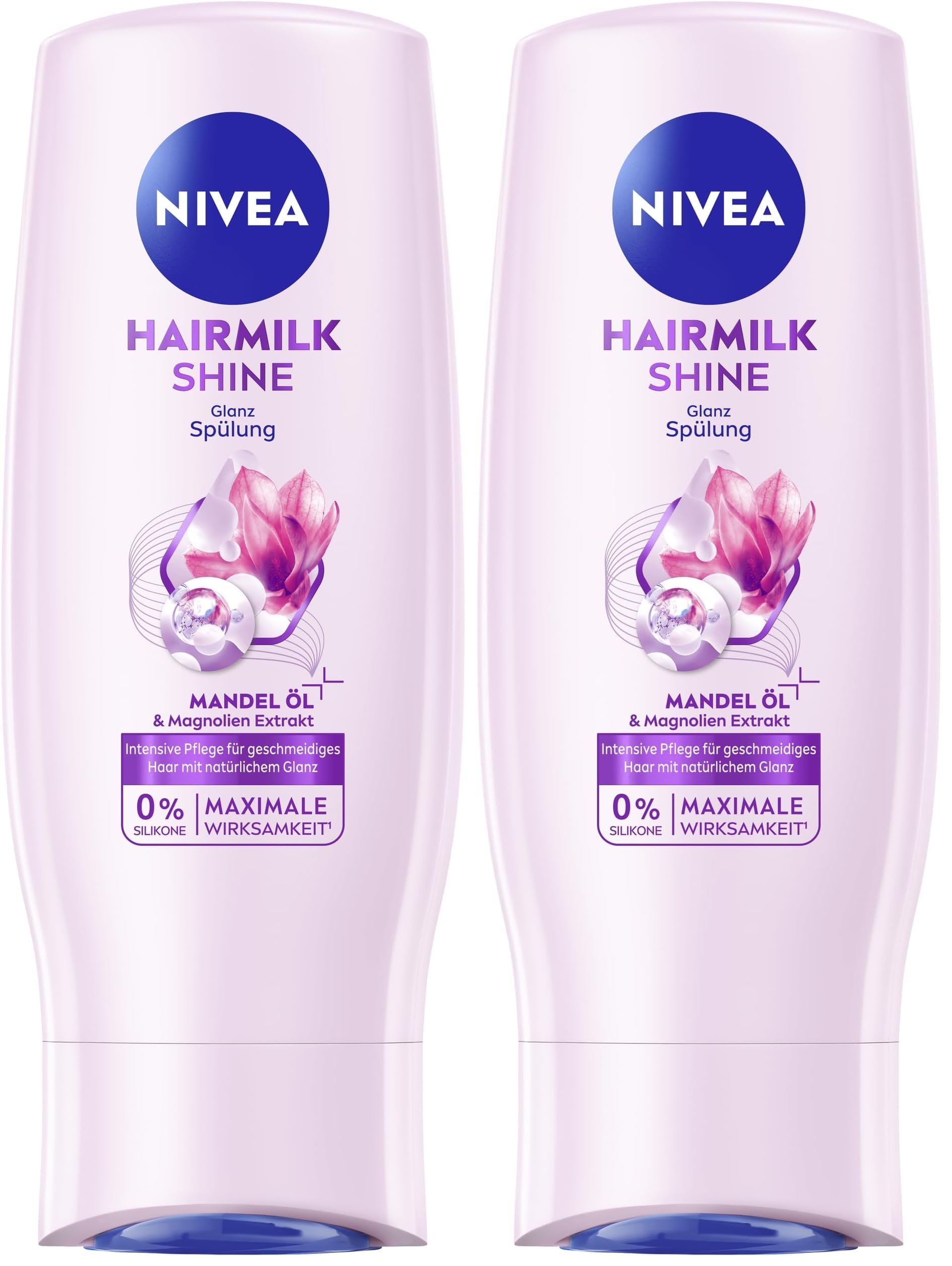 NIVEA Hairmilk Shine Glanz Spülung (200 ml), Haarspülung für glanzloses Haar, Conditioner für trockenes Haar mit Mandelöl und natürlichem Magnolien-Extrakt (Packung mit 2)