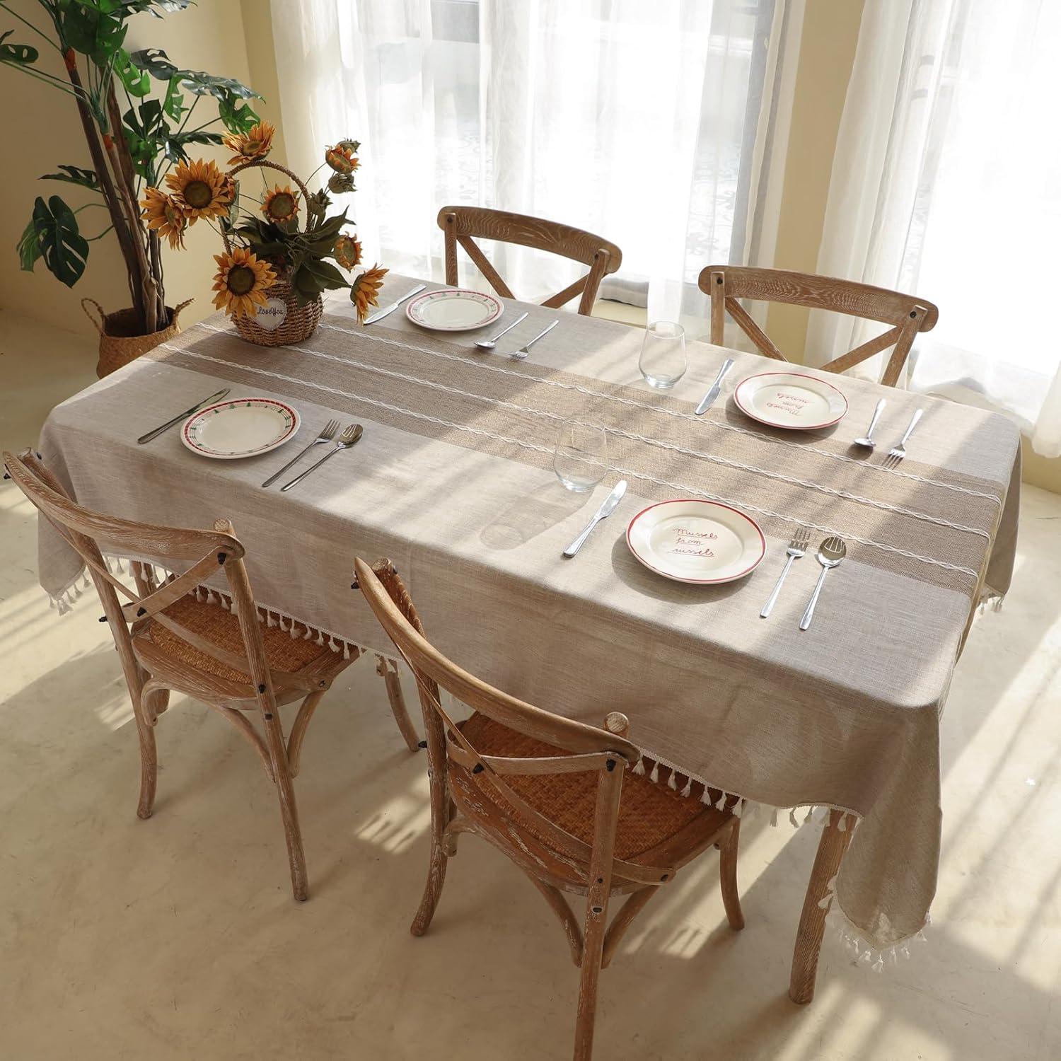 Winknowl Rustic Tablecloth, Cotton Linen Fabric Wrinkle Free Table Cloths, Washable Rectangle Table Cover Decoration for Kitchen Dinning Party for 10-12 Seats,Light Coffee Lines, 55x120 Inch