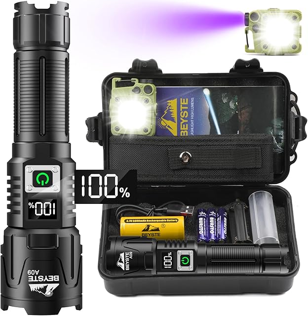 BEYSTE Torches LED Super Bright Rechargeable, Bright High Powered Torch, Powerful Tactical Torch Flash Light, 30000 Lumens Torches Battery Powered USB-C, for Dog Walking Camping Emergency Gift