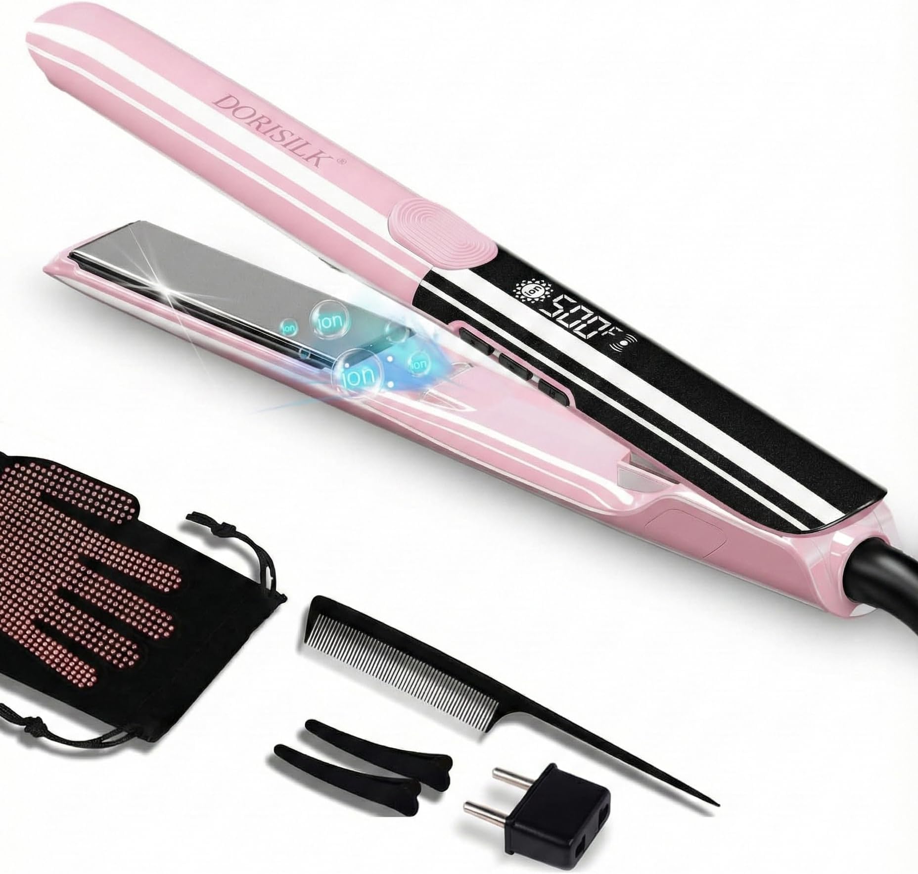 DORISILK 500 Degree High Temp Professional Hair Straightener，30s Fast Heating Ceramic Flat Iron ，2 in 1 Hair Straightener and Curler，Plasma Flat Iron Get Frizz-Free and Shiny(Pink)