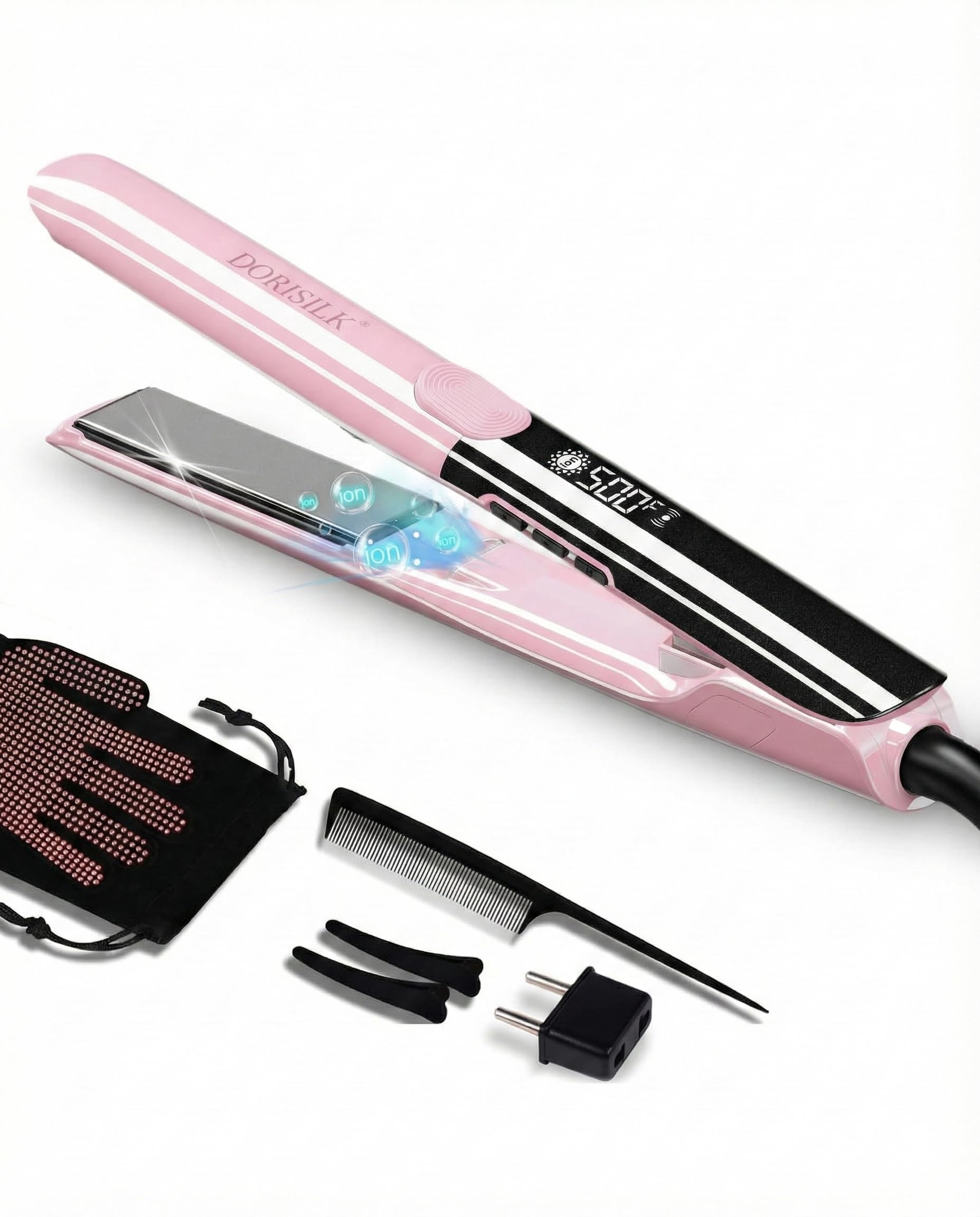 DORISILK 500 Degree High Temp Professional Hair Straightener，30s Fast Heating Ceramic Flat Iron ，2 in 1 Hair Straightener and Curler，Plasma Flat Iron Get Frizz-Free and Shiny(Pink)