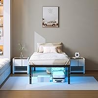 Vista 6 de Marco de cama individual de 14 pulgadas, marco de cama de metal con luces LED, plataforma de listones de acero básico resistente, enchufes y USB,