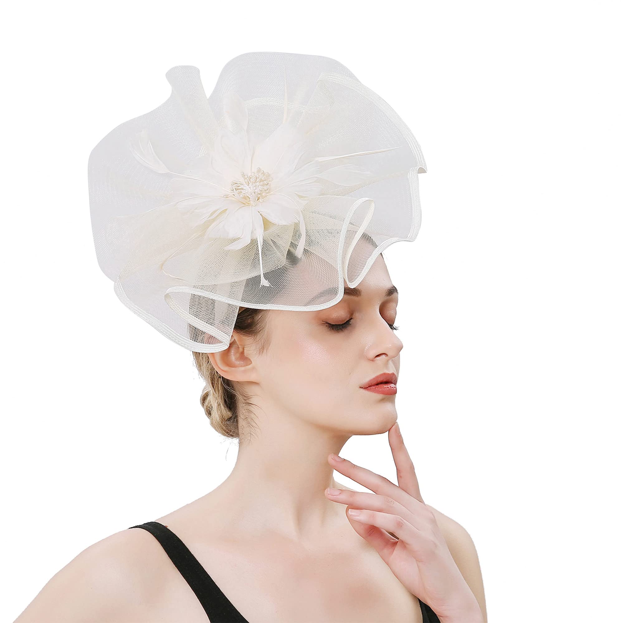 YILEEGOO Women Fascinators Hat Mesh Flower Feathers Hair Clip Hairpin Cocktail Wedding Tea Party Church Hairband (Beige, One Size)