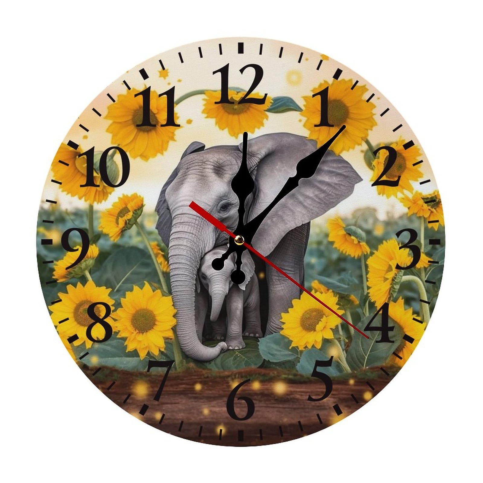 Horloge murale ronde éléphant tournesols noire silencieuse à pile 30cm