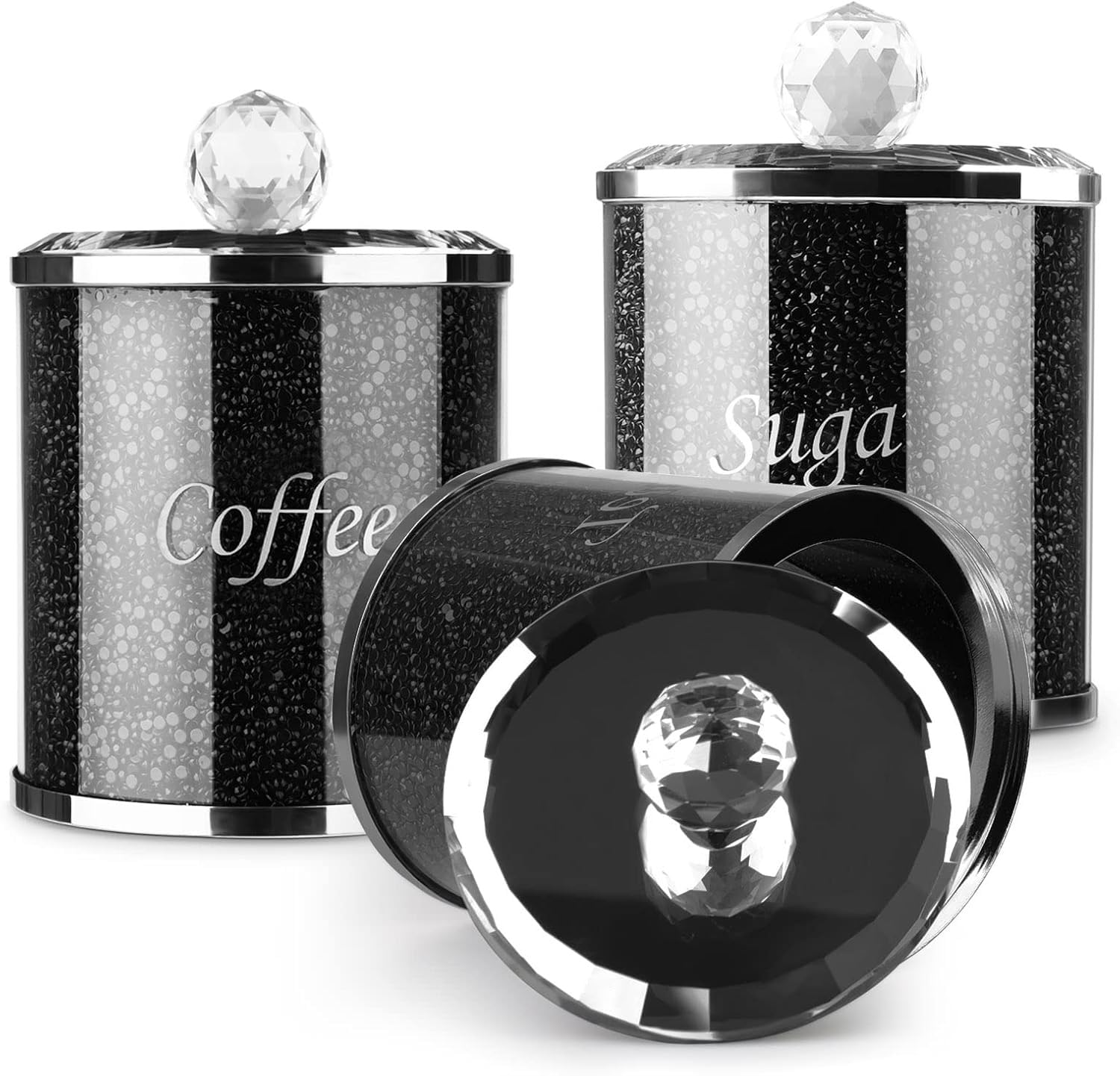 Segoy Black Diamante Sugar Canisters Glass Crushed Diamond Tea Coffee Sugar Jars Reusable Crystal Filled Tea Coffee Sugar Canisters With Lid For Kitchen Home Present