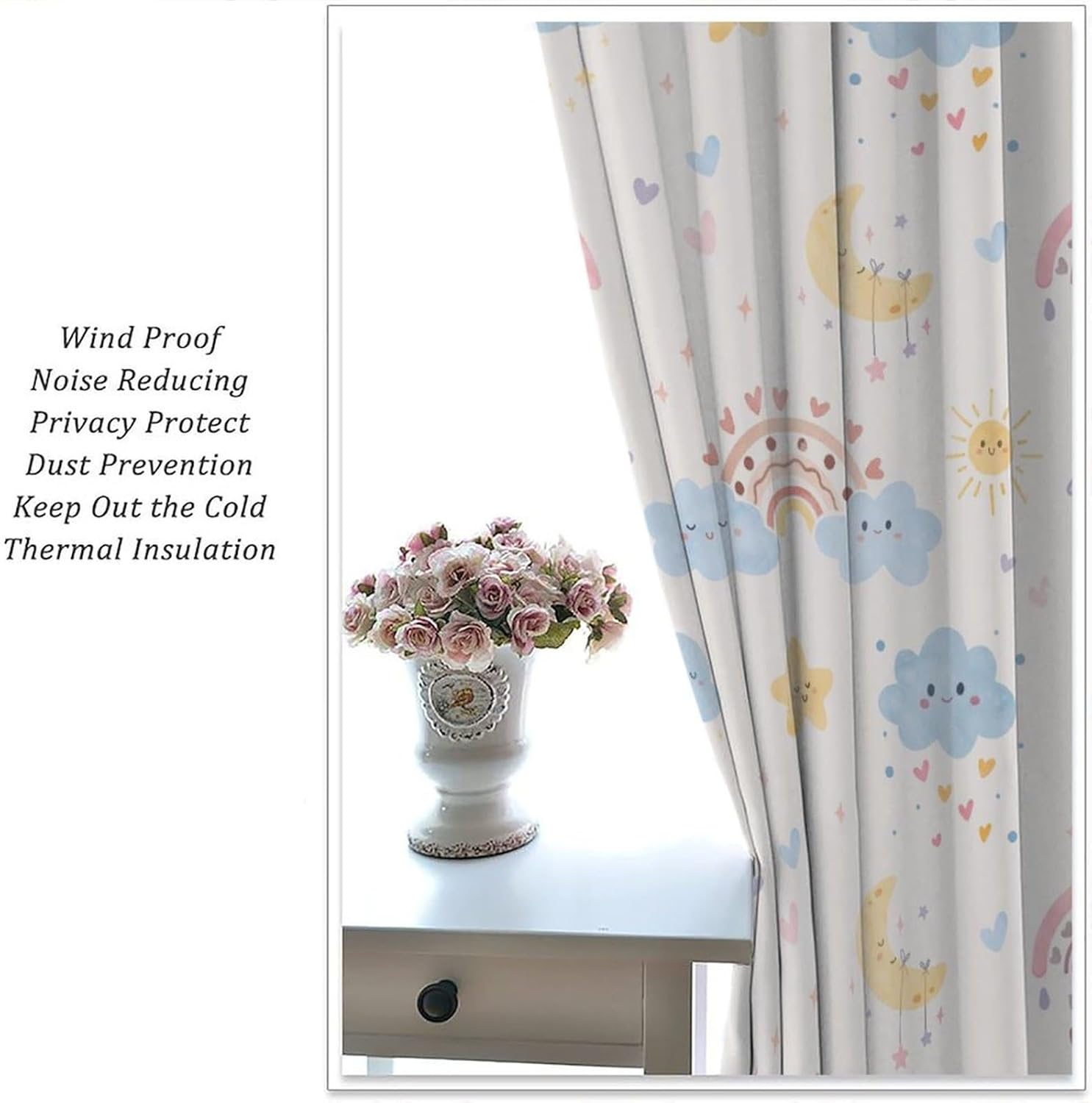 Kids Rainbow Blackout Curtains Boho Cute Cartoon Watercolor Stars Clouds Moon Sun Colorful Art Print Bedroom Living Room Kitchen Rod Pocket Decoration Window Drapes 2 Panels W21xL45in