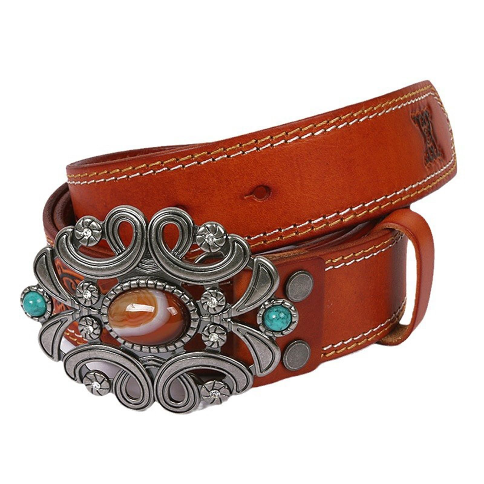 Generico Western Cintura con Fibbia a Scatto in Rilievo Fibbia Ovale con Perlina Turchese Stile Country Cinturino in Pelle con Incisione Floreale(105cm/41, Brown)