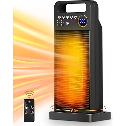 Space Heaters for Indoor Use, Merloly Portable Heater 1500W PTC Ceramic Heater with Thermostat, 80° Oscillating, 5 Modes, 12H Timer, Safety Protection, Electric Heater for Indoor Use, Bedroom, Office