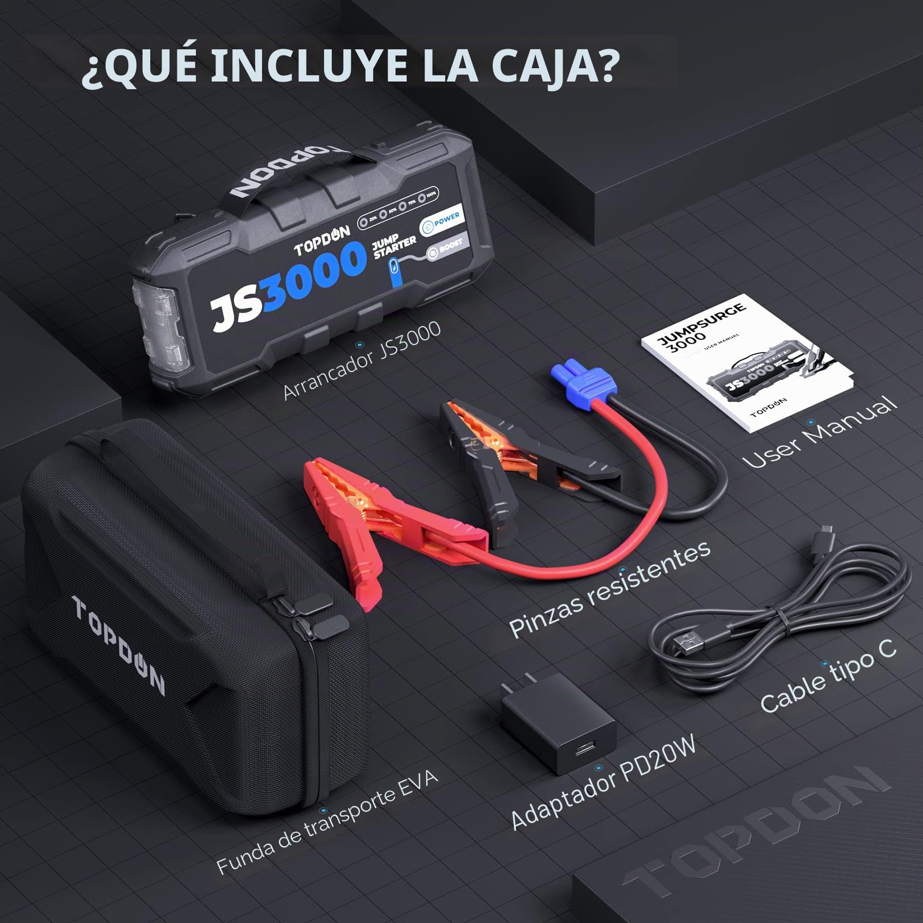 TOPDON Arrancador de Salto de batería de Coche, JS3000 3000A/24000mAh para Motores Diesel de hasta 9L de gas/7L, Cargador de batería de Coche portátil con Cable de Puente de Mango
