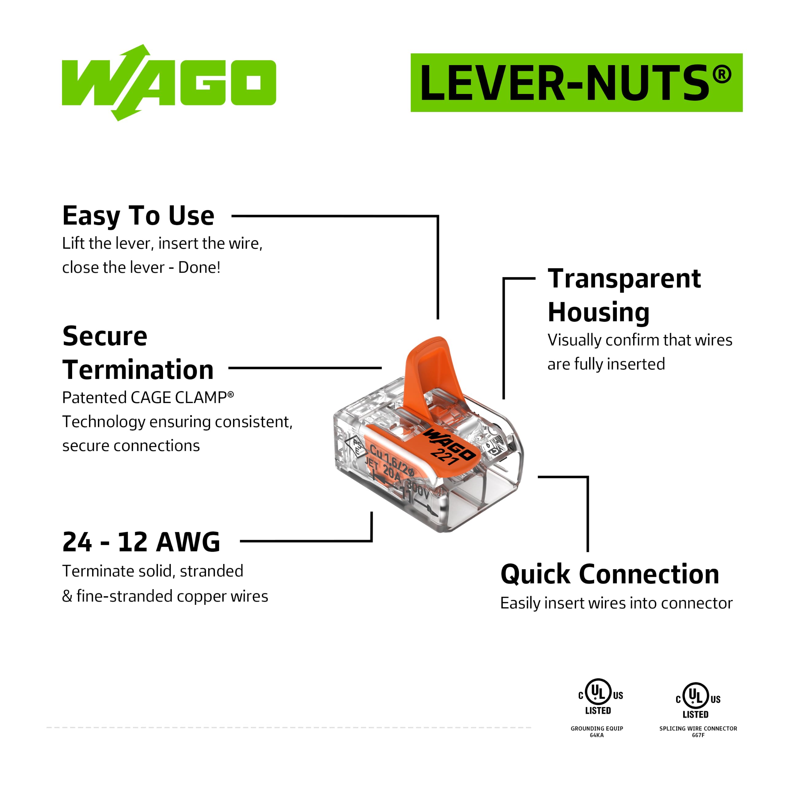 221-412 | WAGO Lever-Nuts® Spleißverbinder | für Voll- und Litzenleiter | 2-Leiter mit Betätigungshebel | 24-12 AWG | transparentes Gehäuse | [Glas mit 550 Stück]