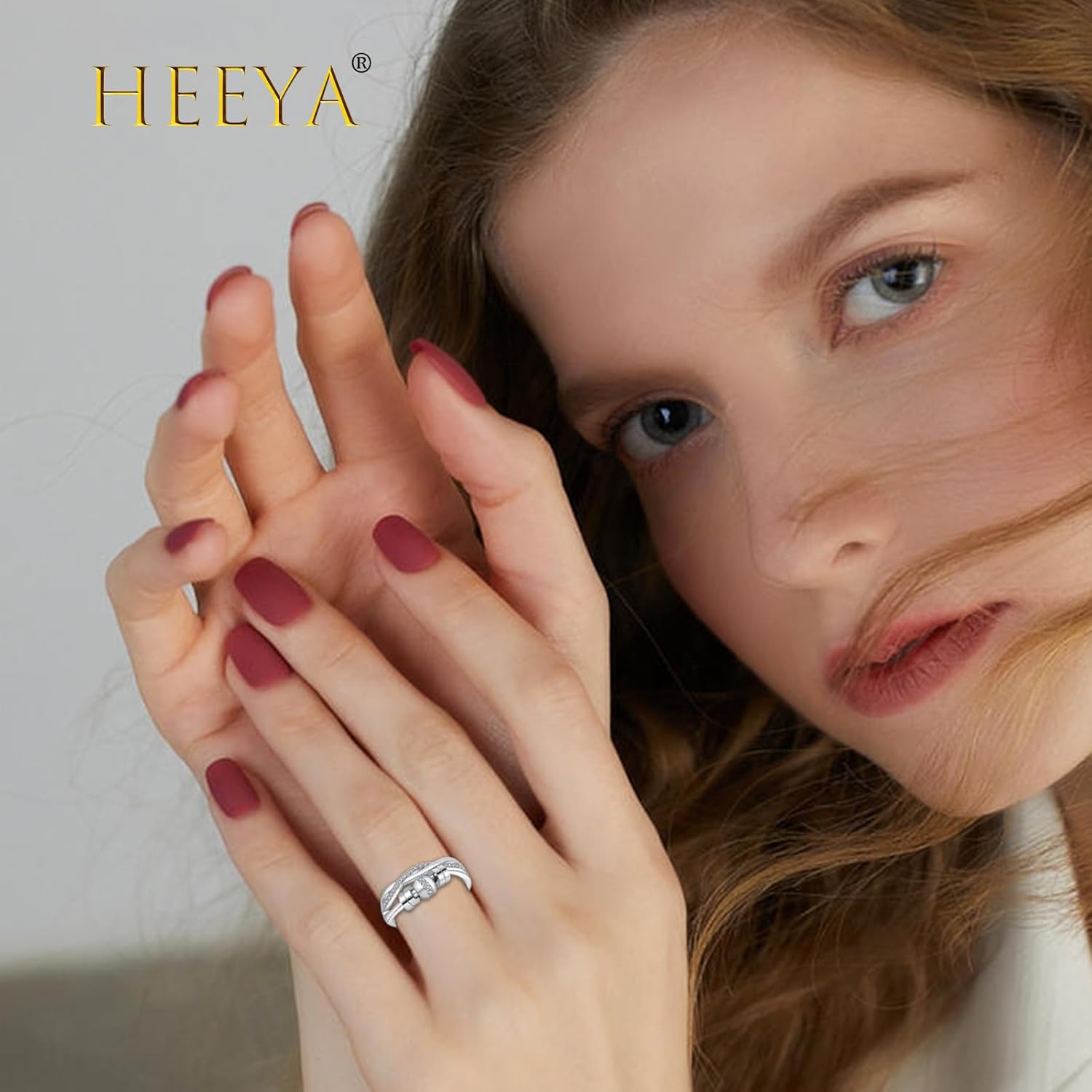 HEEYA Anxiety Rings for Women, Adjustable Sterling Silver Plated Fidget Rings with Beads, Stress Adjustable Spinner Ring, Thumb Jewelry for Birthday, Christmas, Valentine's Day