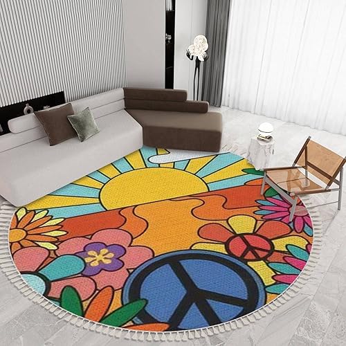 Alfombra redonda con flecos de los años 70, diseño retro de sol y flores con letrero, vintage, hippie, bohemio, decoración de habitación de niños y