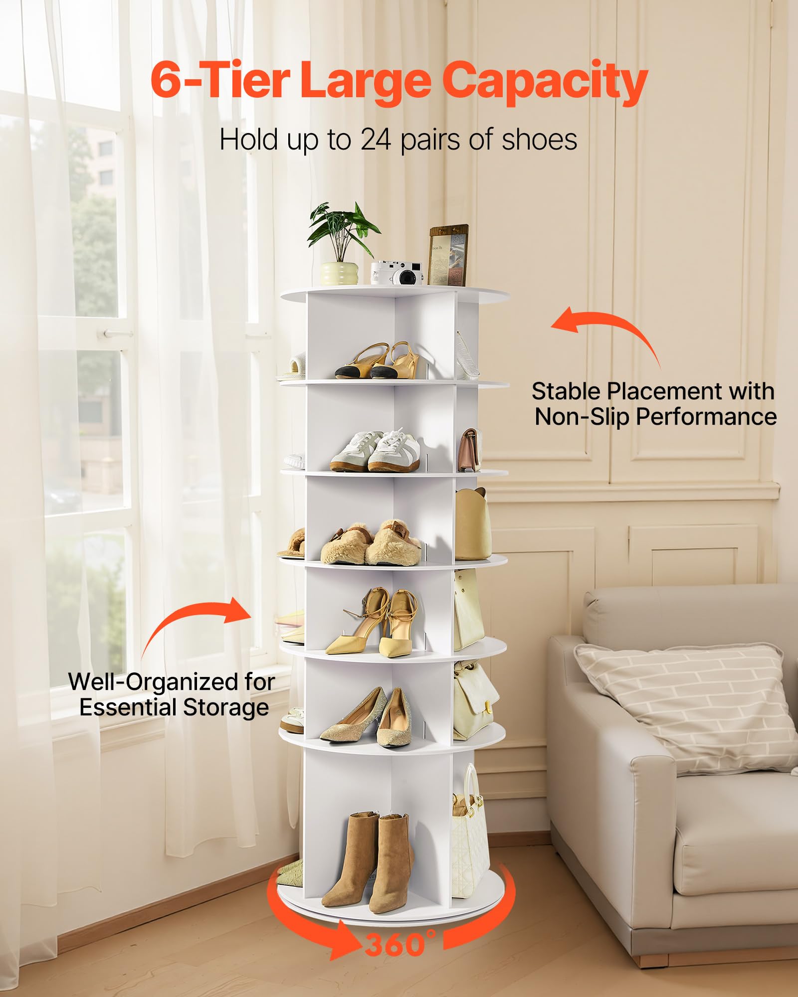 VEVOR Carosello Portascarpe Supporto Girevole a 360° con 598 x 598 x 1570 mm per 24 Paia di Scarpe 6 Ripiani, Salvaspazio, Scaffale per Scarpe per Camera da Letto, Soggiorno, Ingresso, Bianco