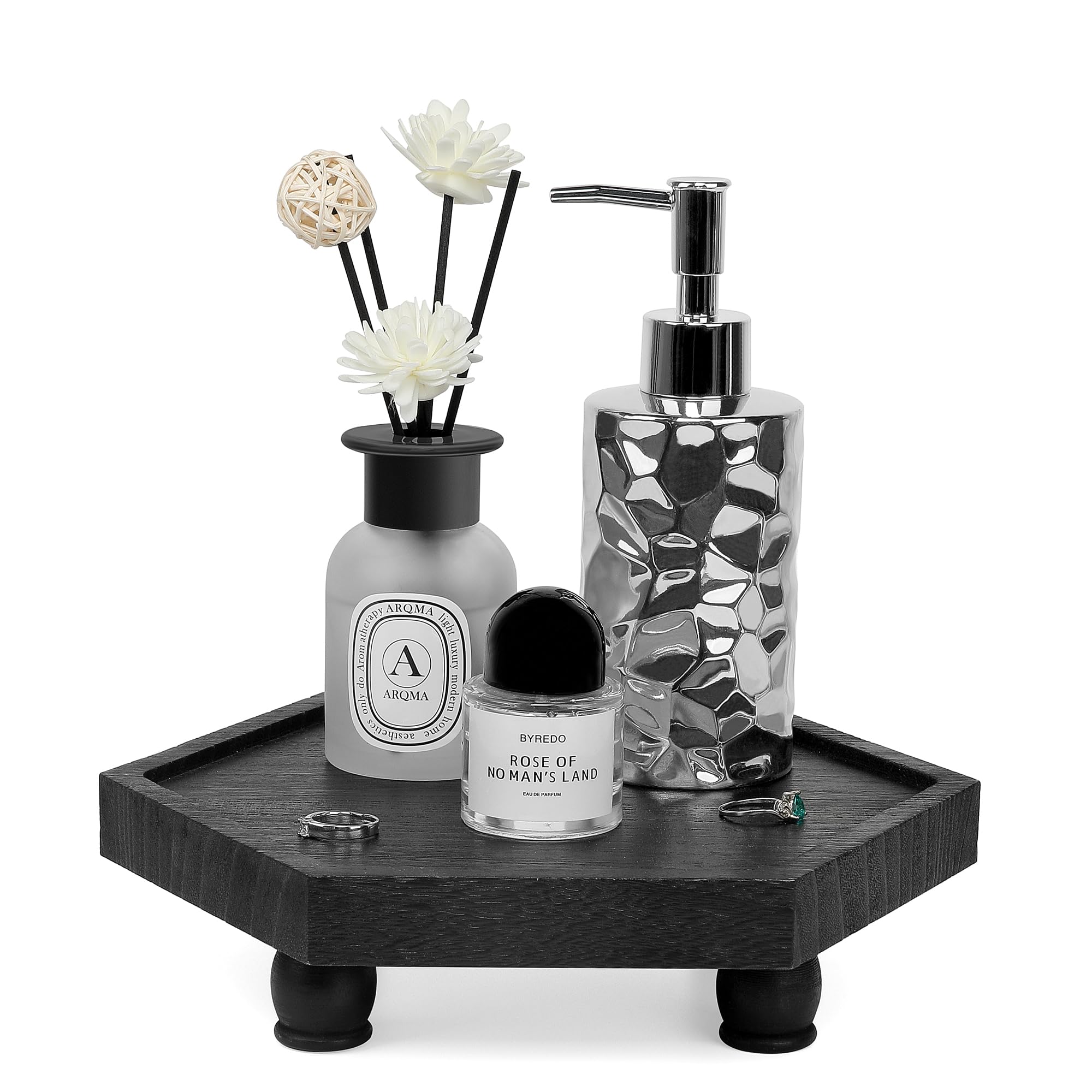 Tikea Farmhouse Wood Display Riser, 10 in. Farmhouse Pedestal Stand for Bedroom Bathroom Kitchen Counter Decor, Hexagonal Display Tray for Artwork and Soap Dispenser (Black)