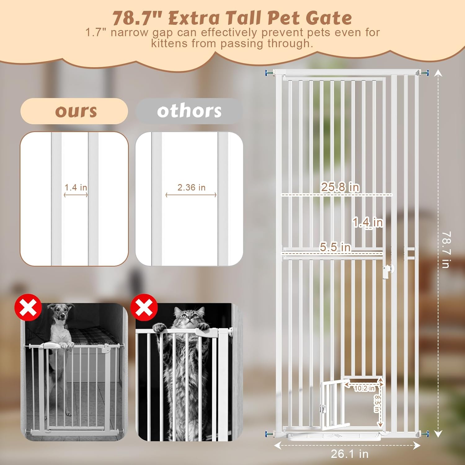 78.7" Extra Tall Pet Gate with Cat Door, Pressure Mounted Walk Through Gate for Stairs & Doorways, Fits 28.7"-37.5" Wide, Auto Close Safety Dog Gate, No Drill, White