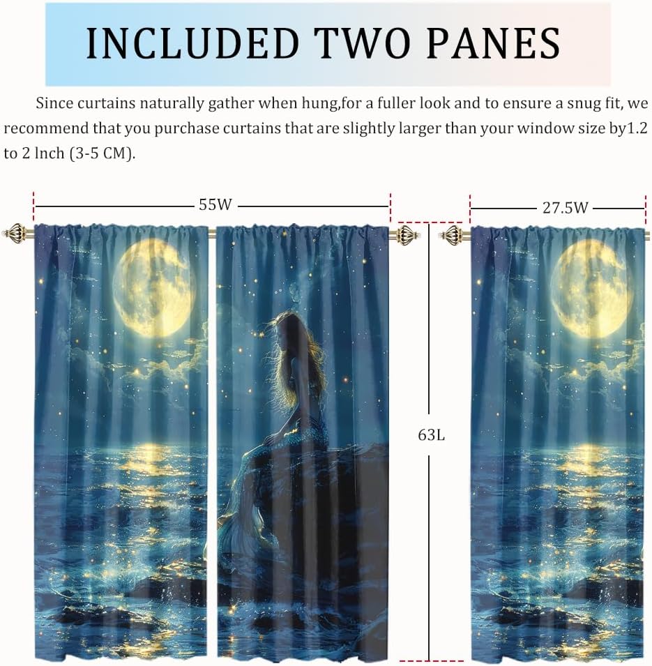 Denruny Modern Aesthetic Full Moon Mermaid Curtains Bedroom Abstract Watercolor Anime Nautical Coastal Mermaid Thermal Insulated Room Darkening Rod Pocket Curtains Living 2 Panels 63" L x 27.5" W