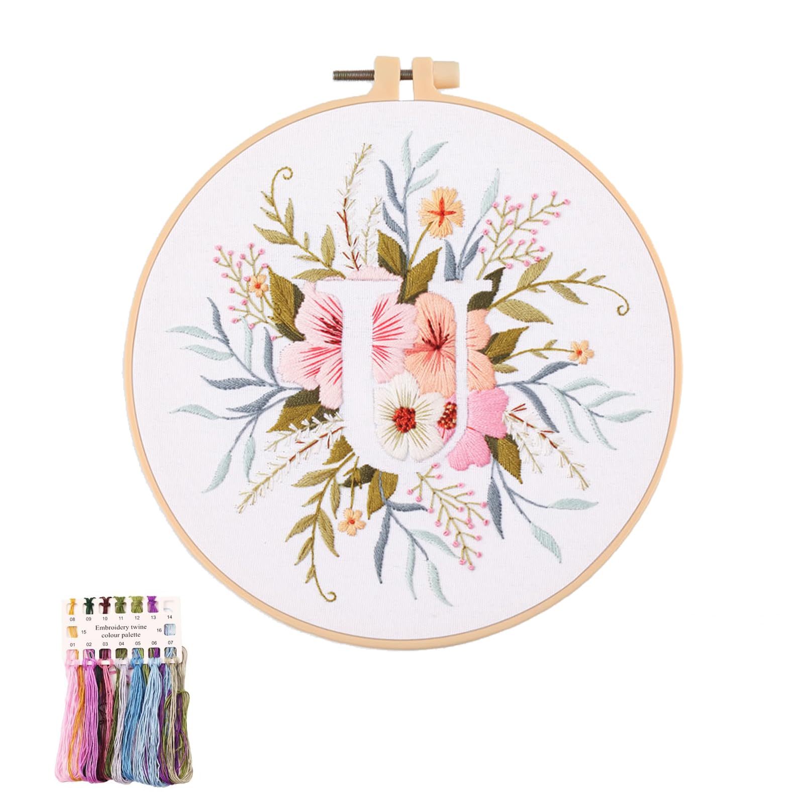 artcici Embroidery Kits Plant Flower Leaf English Letter Patterns for Beginners Adults, Full Range Embroidery Starter Kits Cross Stitch Needlework Supplies (Letter U)