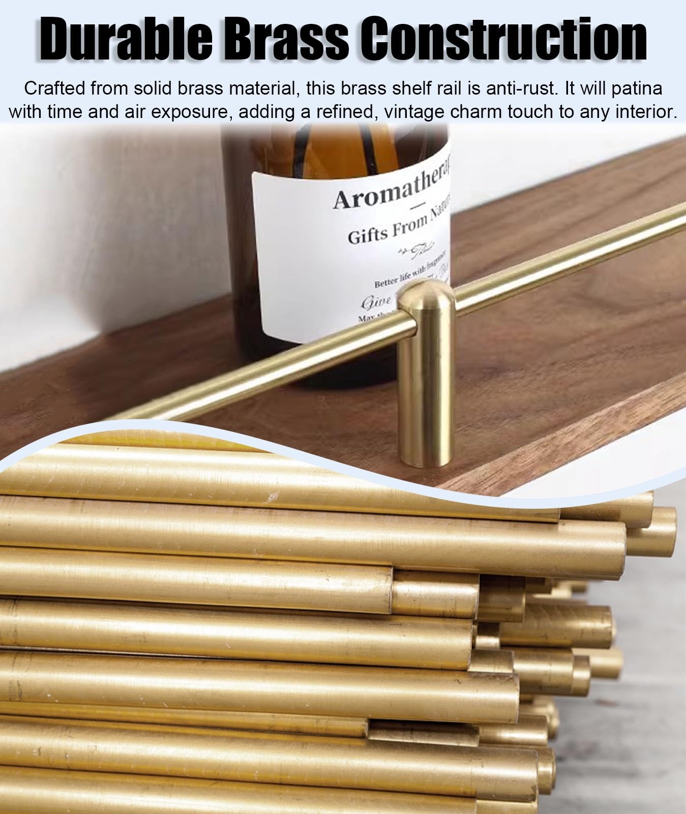 Barandilla de latón macizo de 8 a 20 pulgadas con 2 husillos, barandilla decorativa para vitrinas, barra de metal corta para estanterías seguras (estilo A, 34 cm)