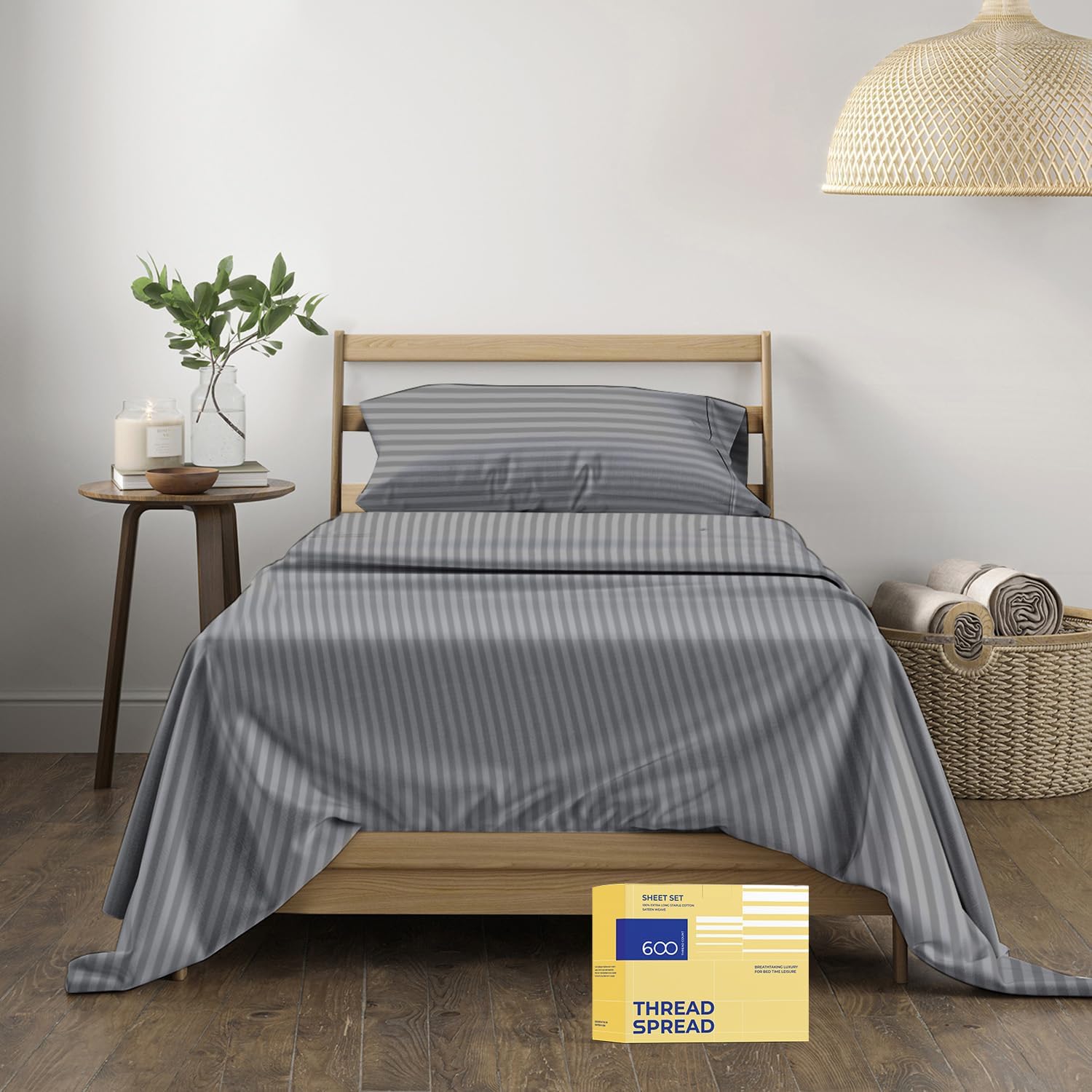 Striped Egyptian Cotton Sheets Twin XL Size - 600 Thread Count 3 PC Damask Twin XL Sheets Deep Pockets, Sateen Weave College Dorm Bedding Twin XL, Fits Mattress Upto 18" - Dark Grey