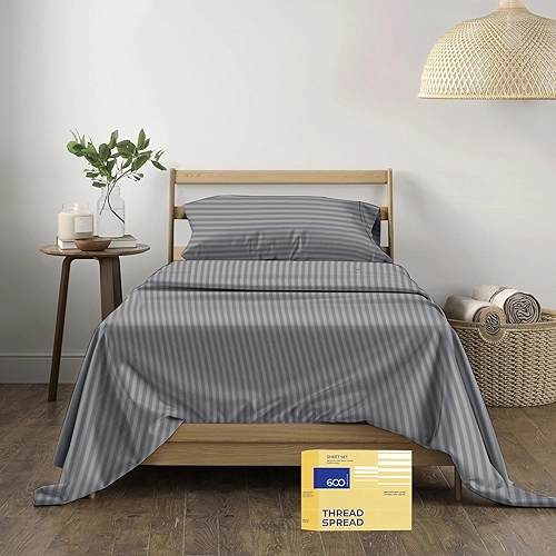 THREAD SPREAD Lençóis de cama listrados de luxo 600 fios - Algodão egípcio qualidade Twin XL Damasco Lençóis - Lençóis de cama e fronha de bolso profundo - Conjunto de lençóis macios e respiráveis - Cinza escuro