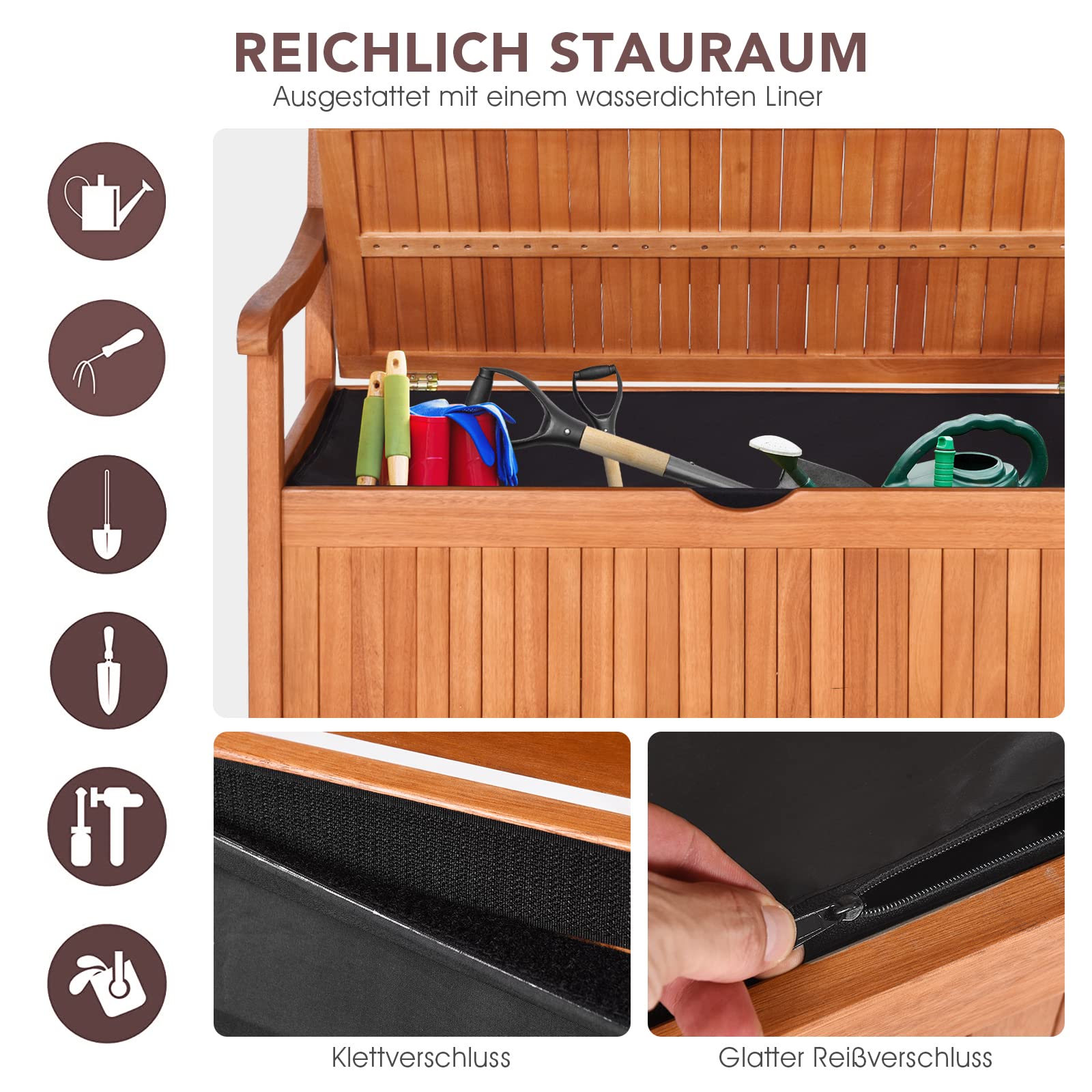 GOPLUS Gartenbank mit Stauraum, Sitzbank aus Akazienholz für 2 Personen, Truhenbank mit Rücklehne & Armlehne, Holzbank für Garten Terrasse Outdoor, mit Aufbewahrungsbox, belastbar bis 360kg