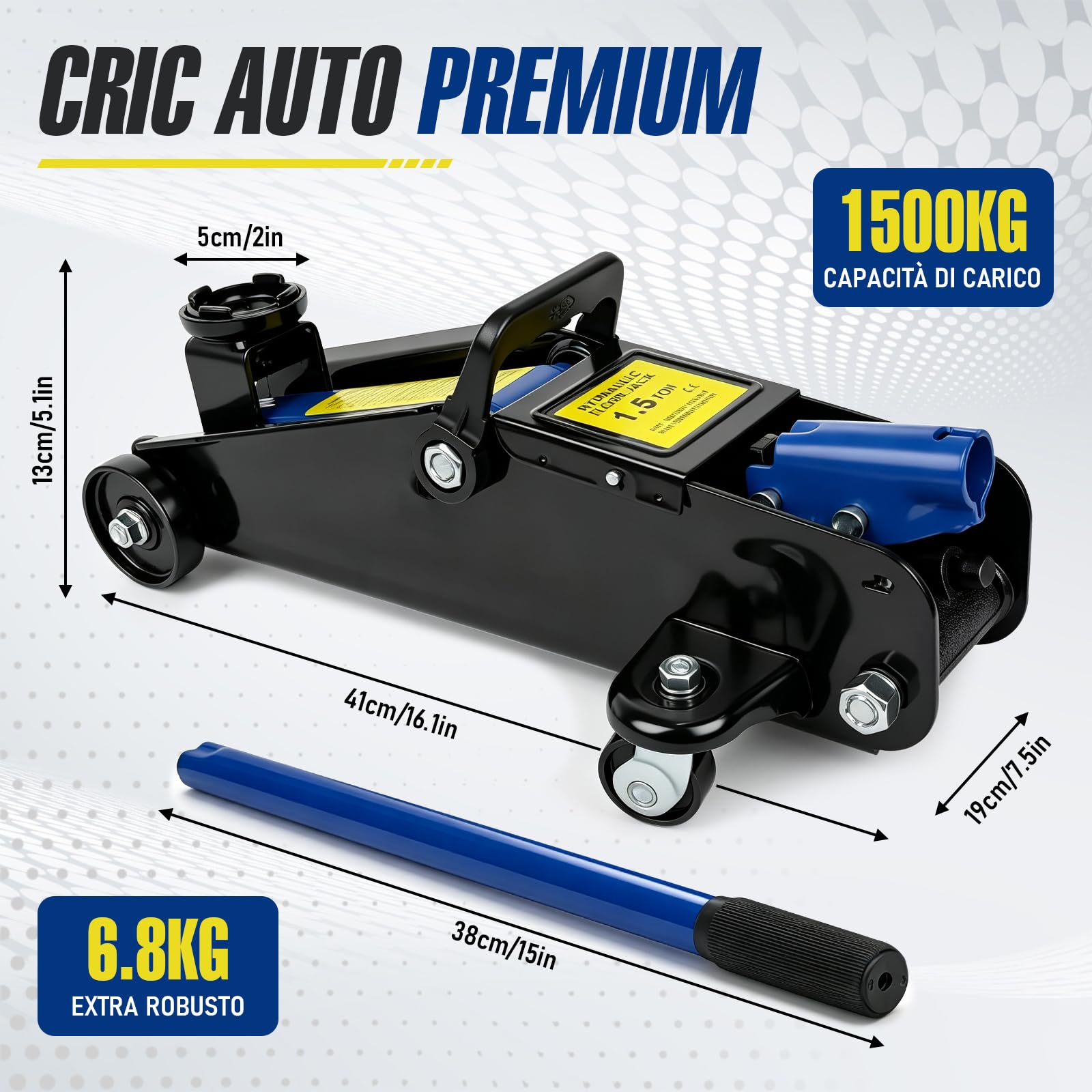 HYCHIKA Cric idraulico da 1,5 t, cric idraulico per auto, 135-320 mm, gamma di sollevamento per berlina, SUV, sostituzione pneumatici