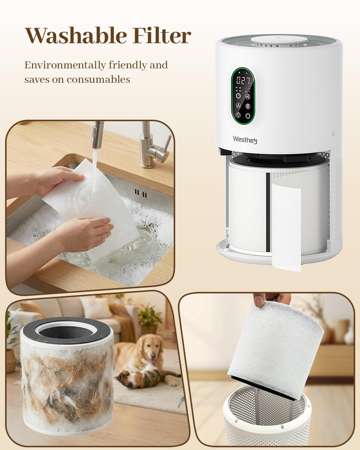 Purificatori d'aria per la casa di grandi dimensioni 1650 m² con filtri lavabili, WESTHEY H13 HEPA purificatore d'aria con fragranza che scorre luce ambientale, filtro dell'aria per Wildfire, fumo