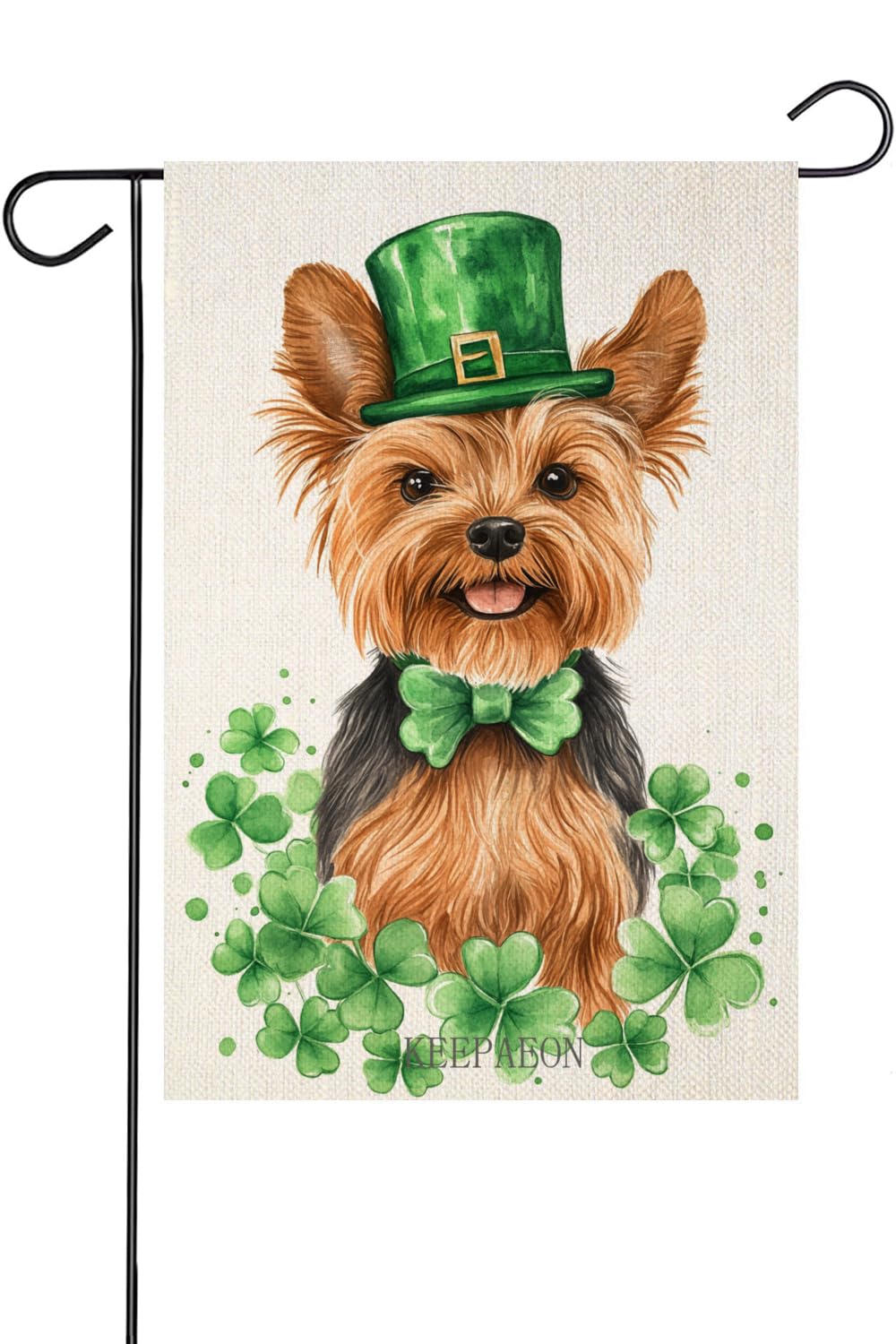KEEPAEON St Patricks Day Shamrock Yorkshire Terrier Garden Flag 12x18 Inch Double Sided for Outside Small Welcome Green Clovers Linen Holiday Yard