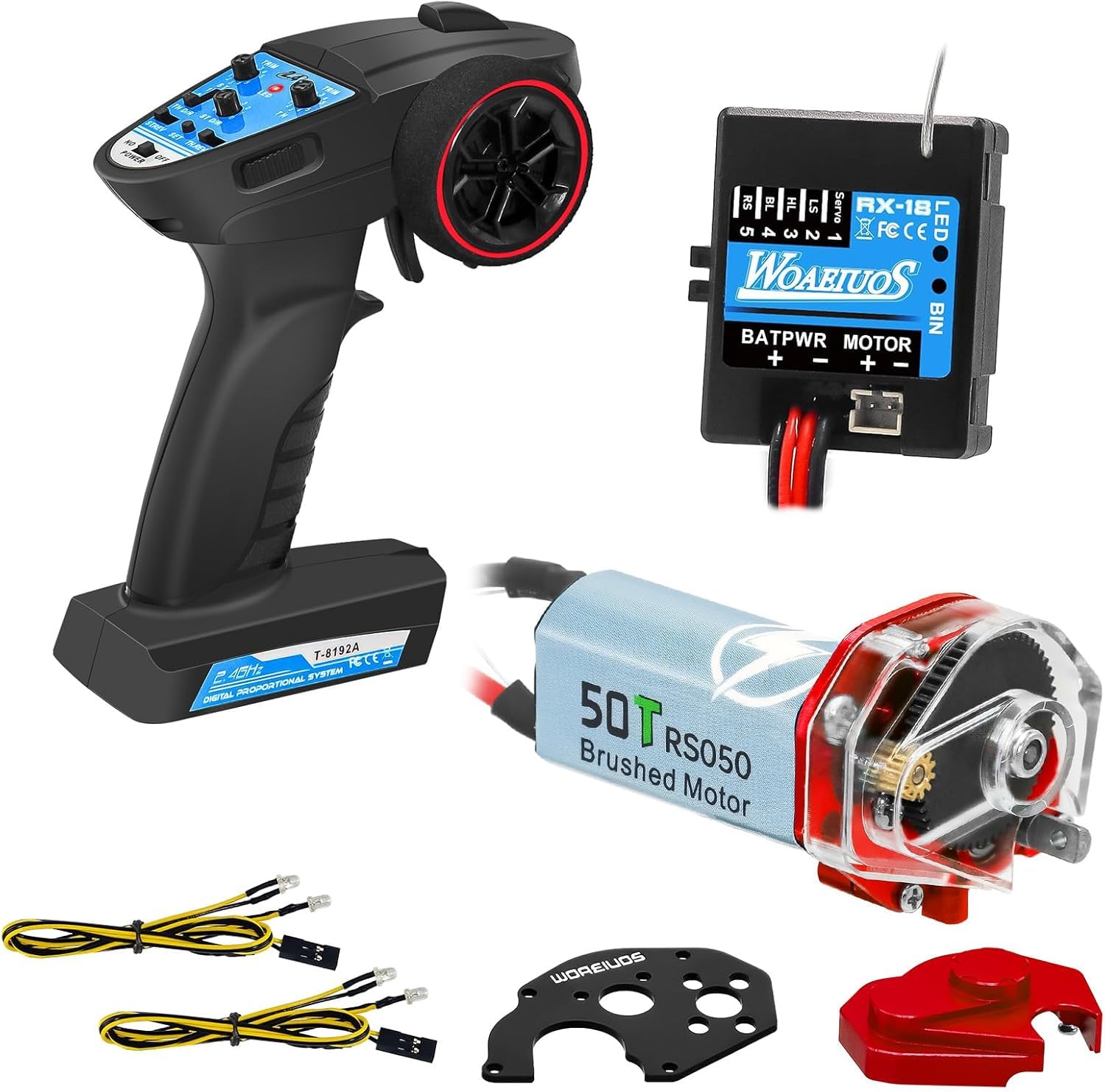 2 in 1 ESC e ricevitore 3CH 2.4G RC trasmettitore telecomando con motore spazzolato 050 50T cambio combinato (motore combinato 1 e 050 50T rosso)