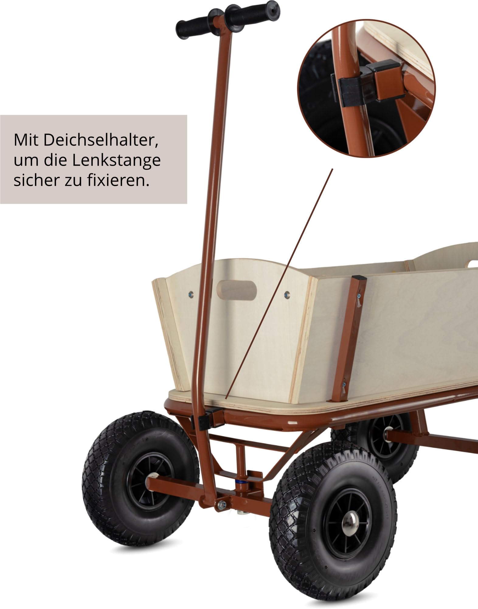 Stagecaptain Bollerwagen Holz im Wild Western Style - Handwagen mit Dach für Sonne und Regen - Lenkbare Vorderachse & Deichsel aufrecht fixierbar - Robuste Profilreifen aus Hartplastik