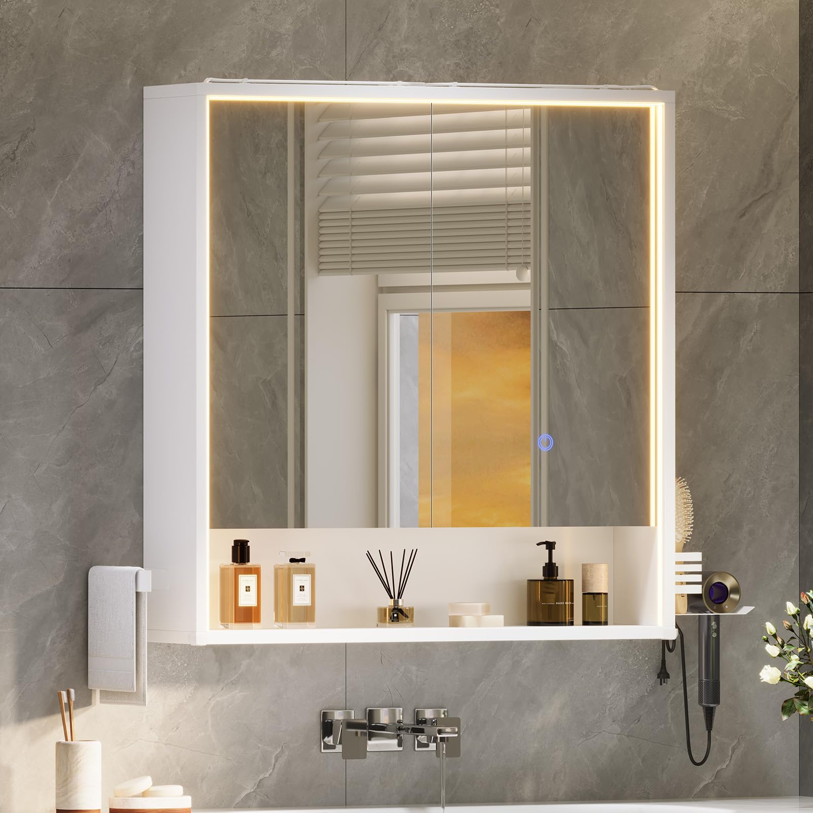 Specchio Bagno Contenitore 70x78x18 cm – Luce LED 3 Lati, Touch con 3 Luci & Prese + USB, Porta Asciugacapelli e Asciugamani, Mobile Bagno con Specchio a Due Ante – Soft-Close