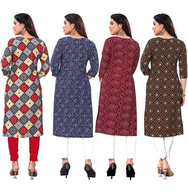 Image of JAKHANA Women's Crepe Printed Casual Straight Calf Length Round Nick Kurta Pack of 4