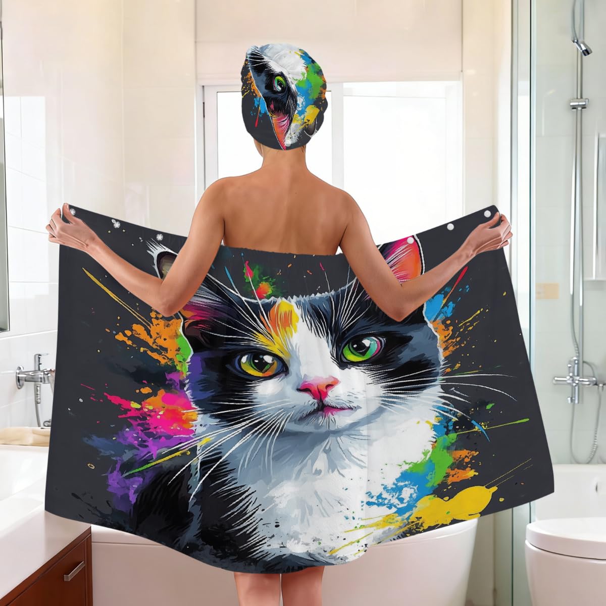 Mikrofaser-Duschtuch für Damen, mit Haar-Handtuch, niedliche Katze, buntes Ölgemälde, weiche Körperwickel, Kleid mit Haartrocknungskappe für Strand, Pool, Spa, 2 Sets