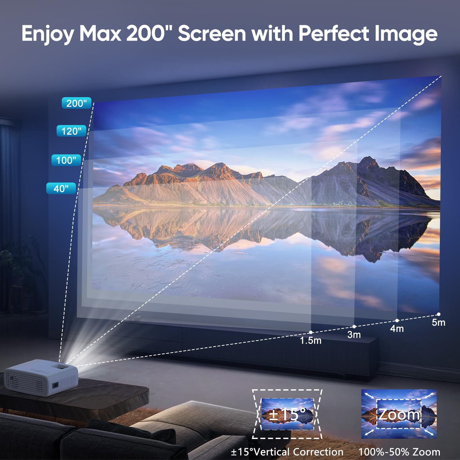 Mini Proyector 4K Compatible, AKATUO 15000L Nativo 1080P 5G WiFi Bluetooth Proyector Portatil con 50% de Zoom, Videoproyector Cine en Casa Compatible con Smartphone/HDMI/USB/Laptop/Fire TV Stick